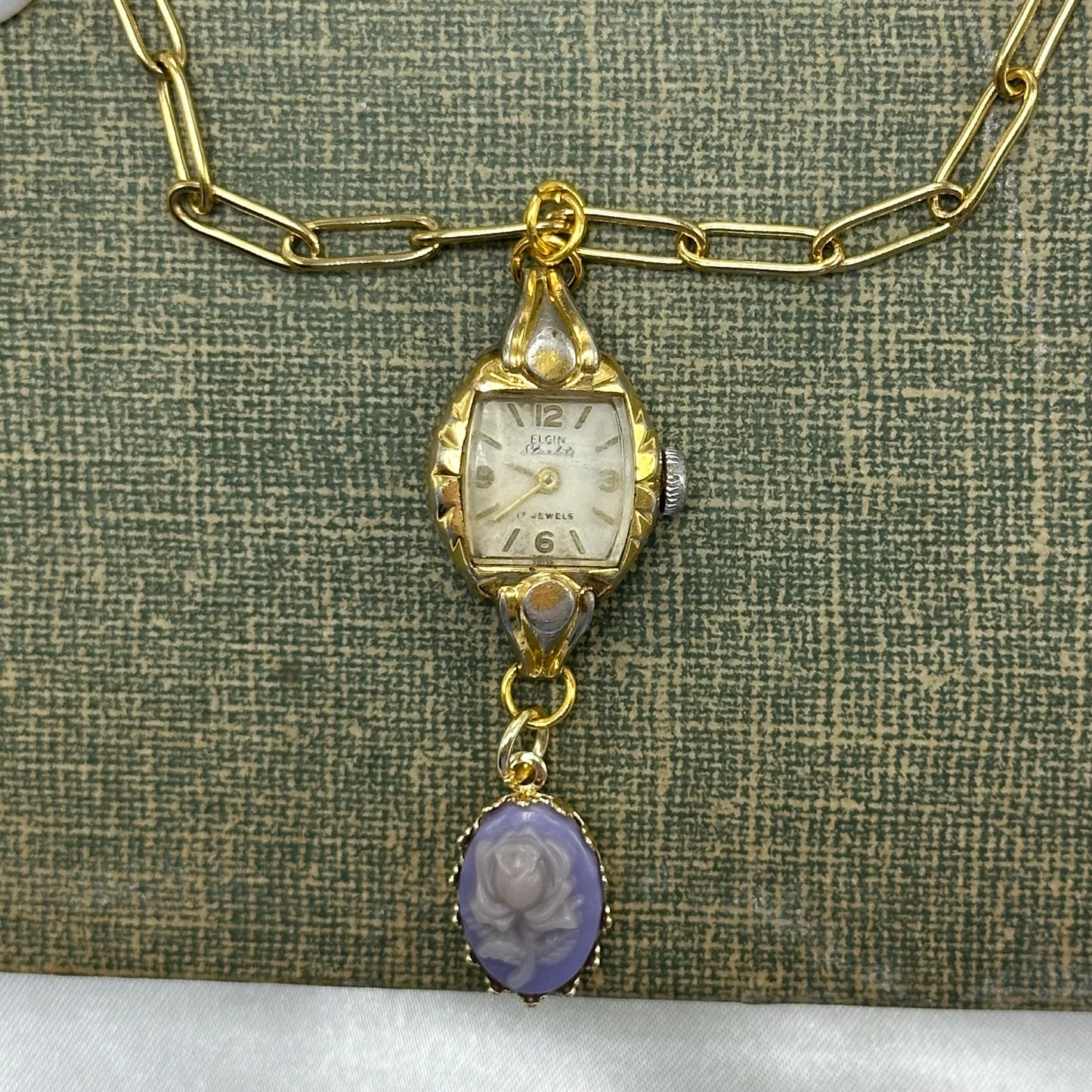 Vintage Watch Necklace with Purple Rose Cameo Charm & Pearls