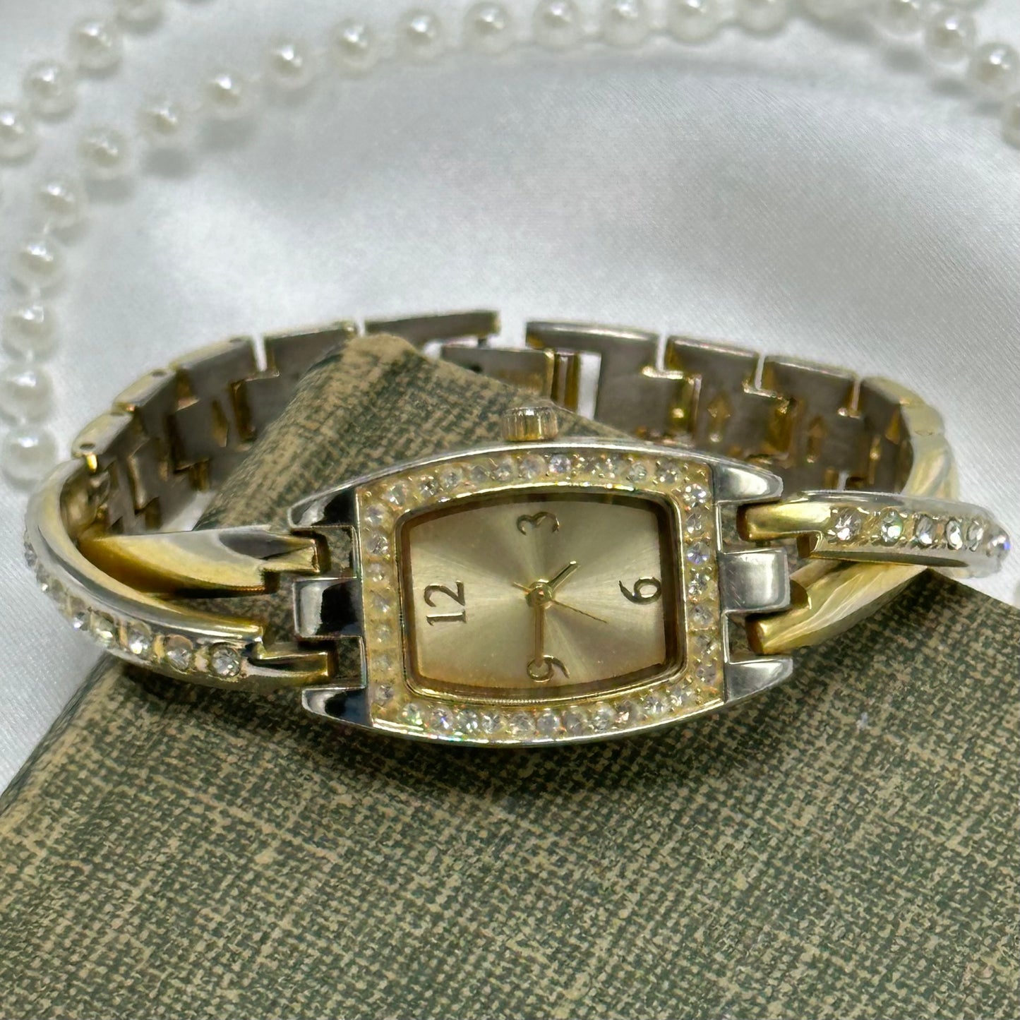 Two-Tone Diamanté Rectangle Dial Watch with Crossed Band