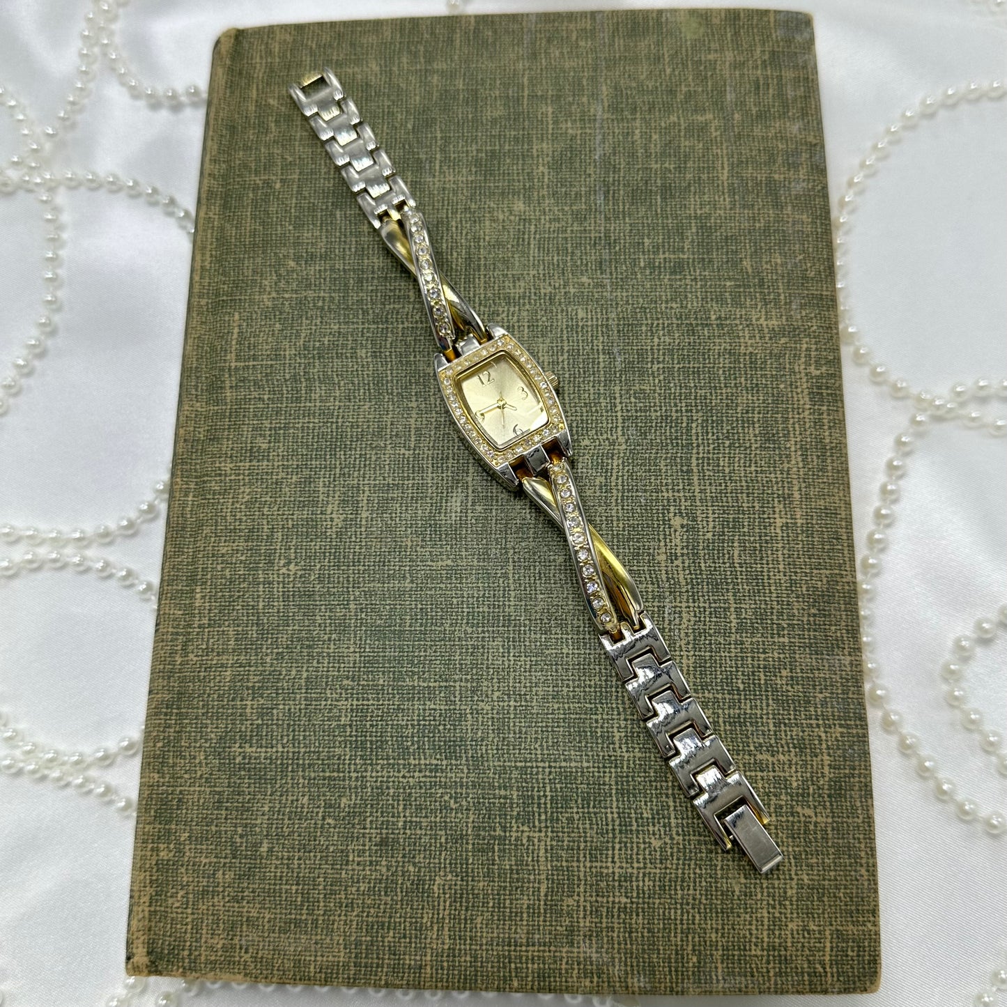 Two-Tone Diamanté Rectangle Dial Watch with Crossed Band