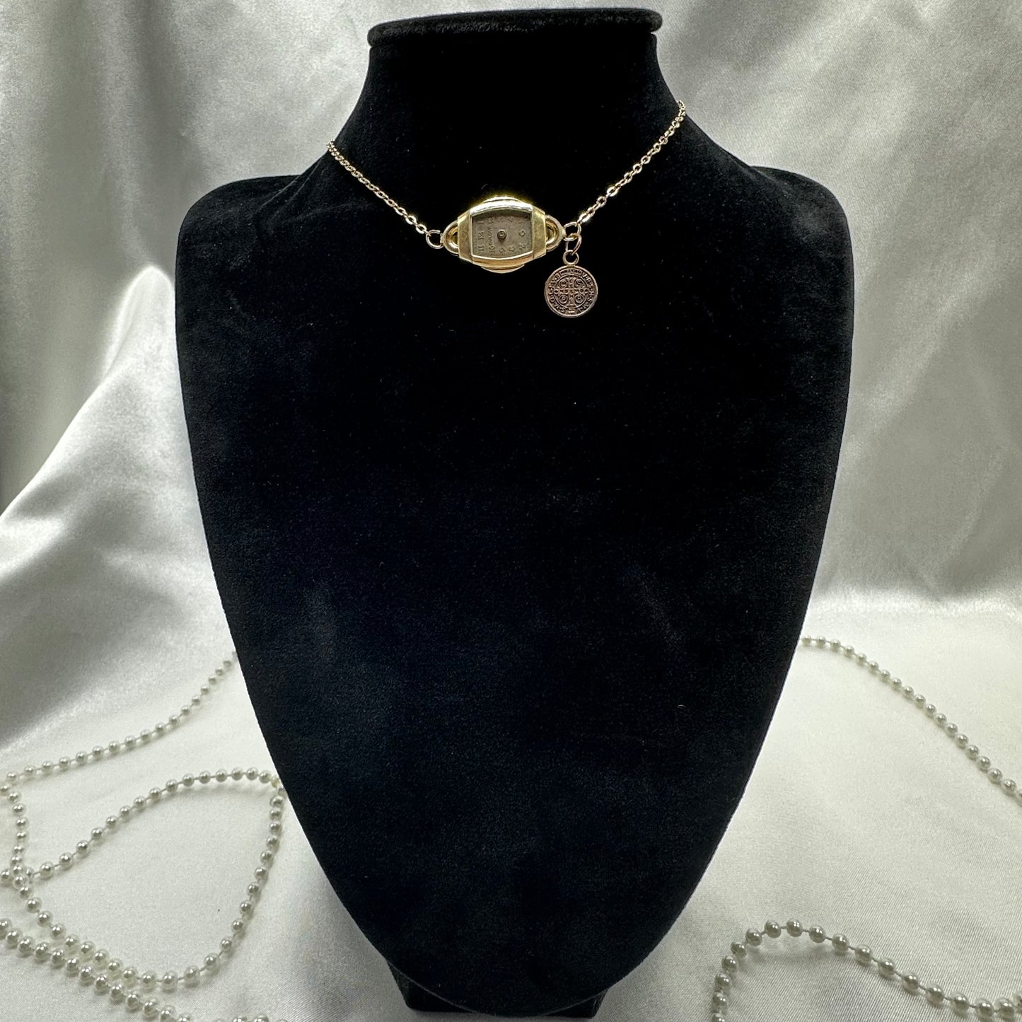 Gold Vintage Watch & Saint Benedict Medal Choker