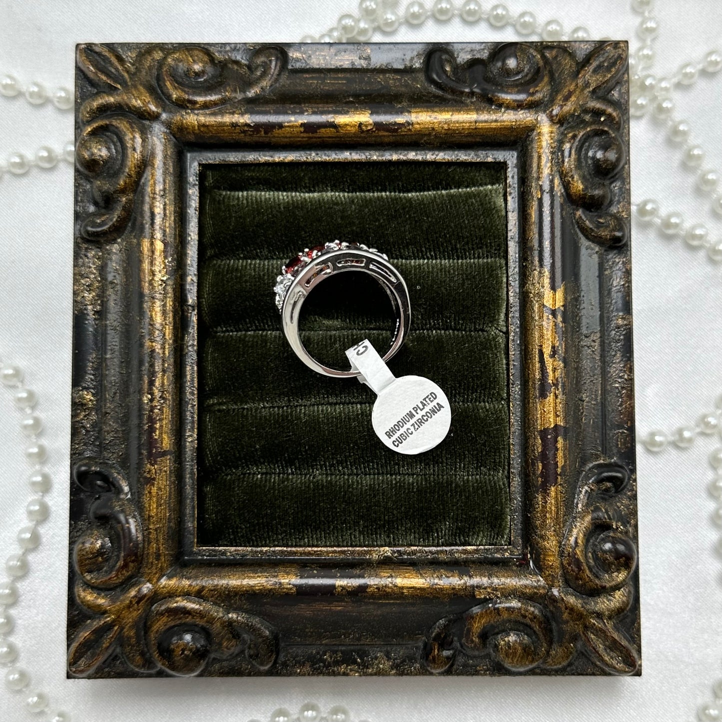 Vintage Red Stones Deadstock Cocktail Ring Rhodium Plated