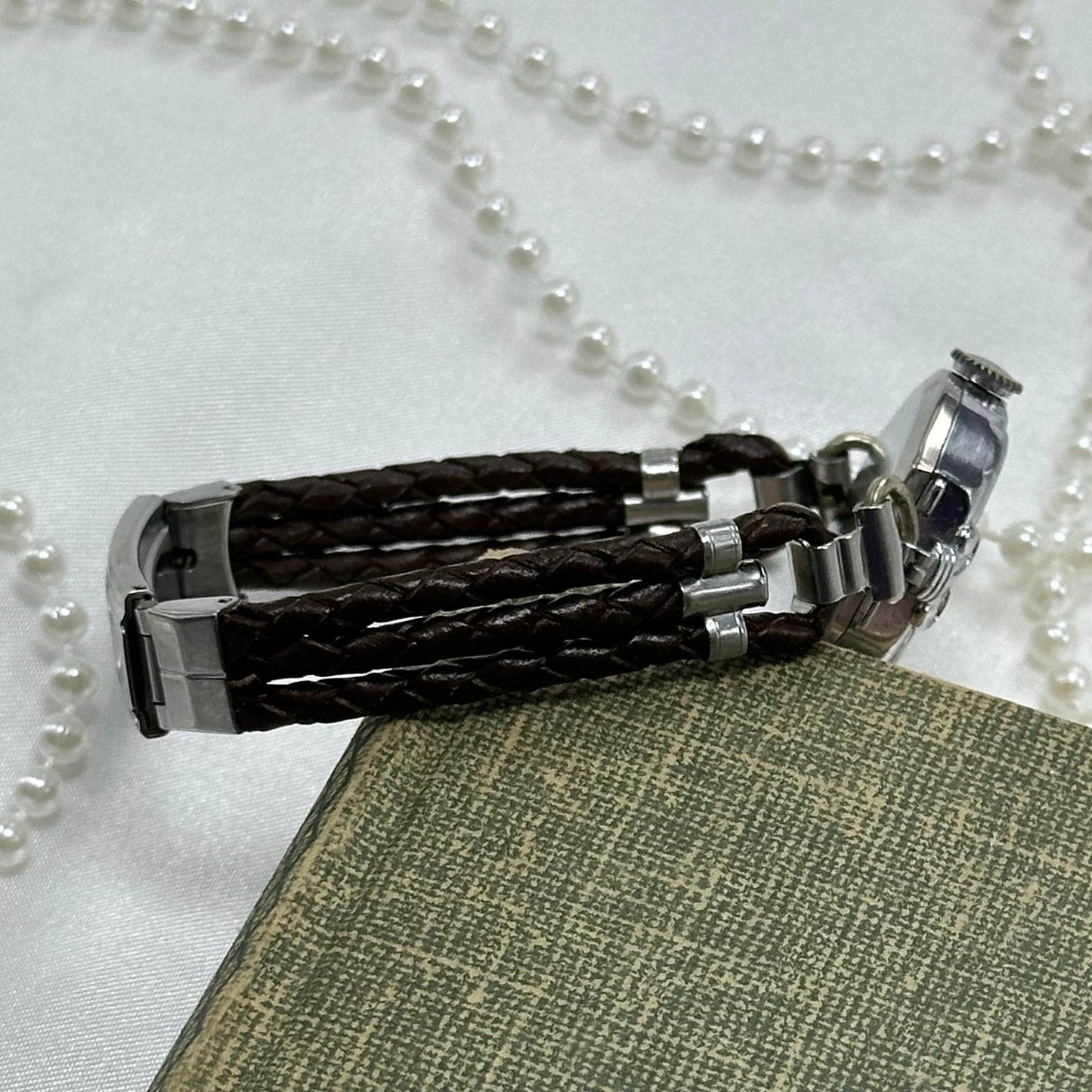 Vintage Silver Wind-Up Heart Watch with Brown Braided Leather Band
