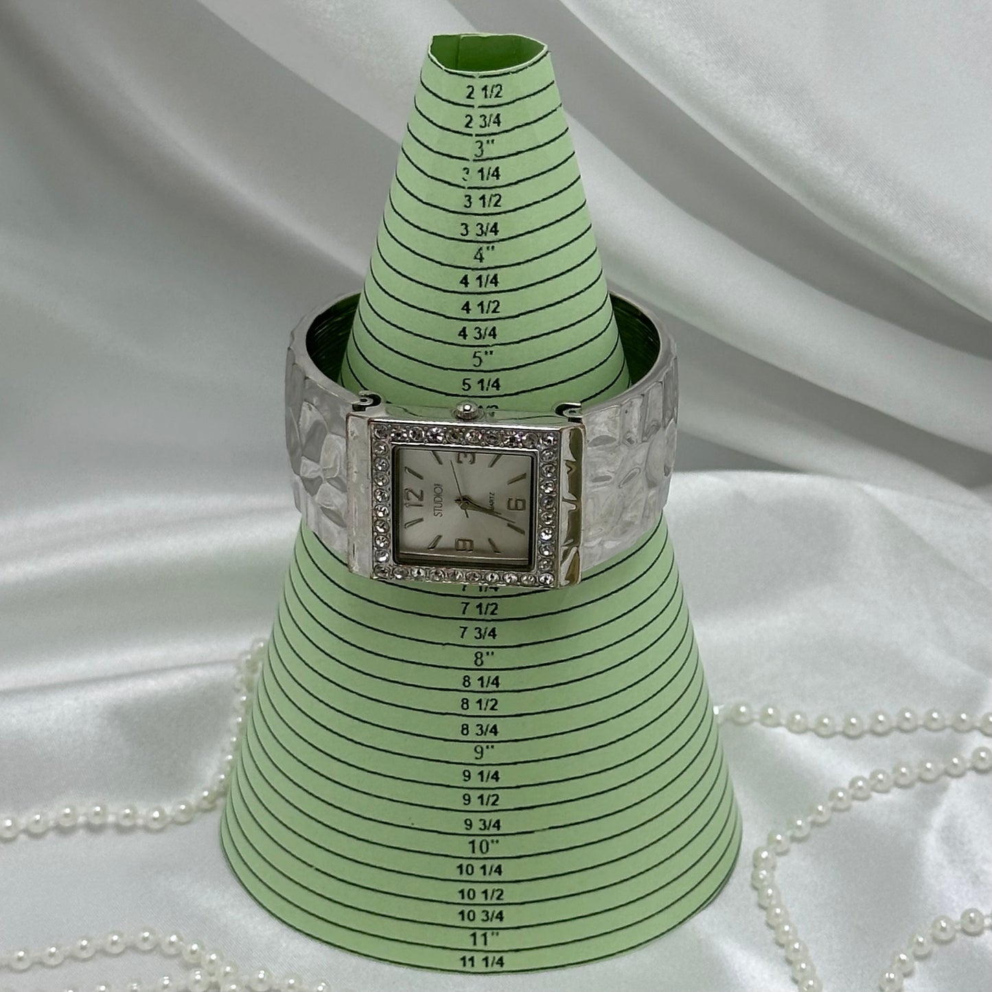 Silver Cuff Watch with Square Diamanté Dial