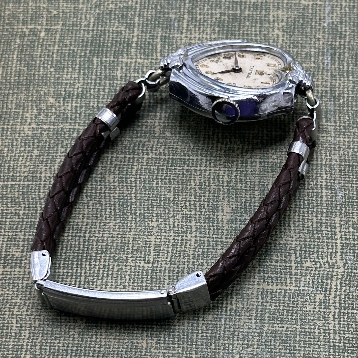 Vintage Silver Wind-Up Heart Watch with Brown Braided Leather Band
