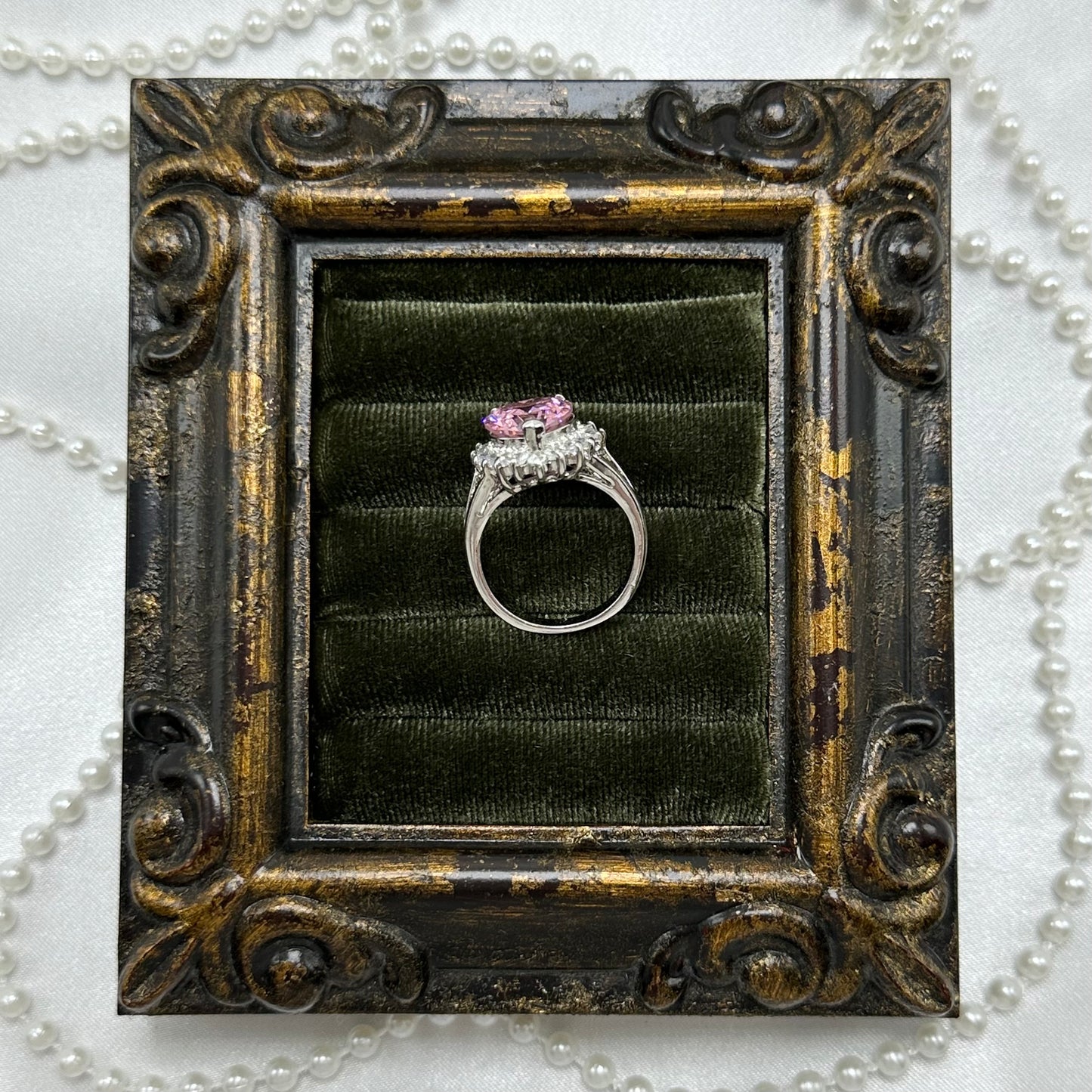 Vintage Light Pink Heart Stone Deadstock Ring Rhodium Plated