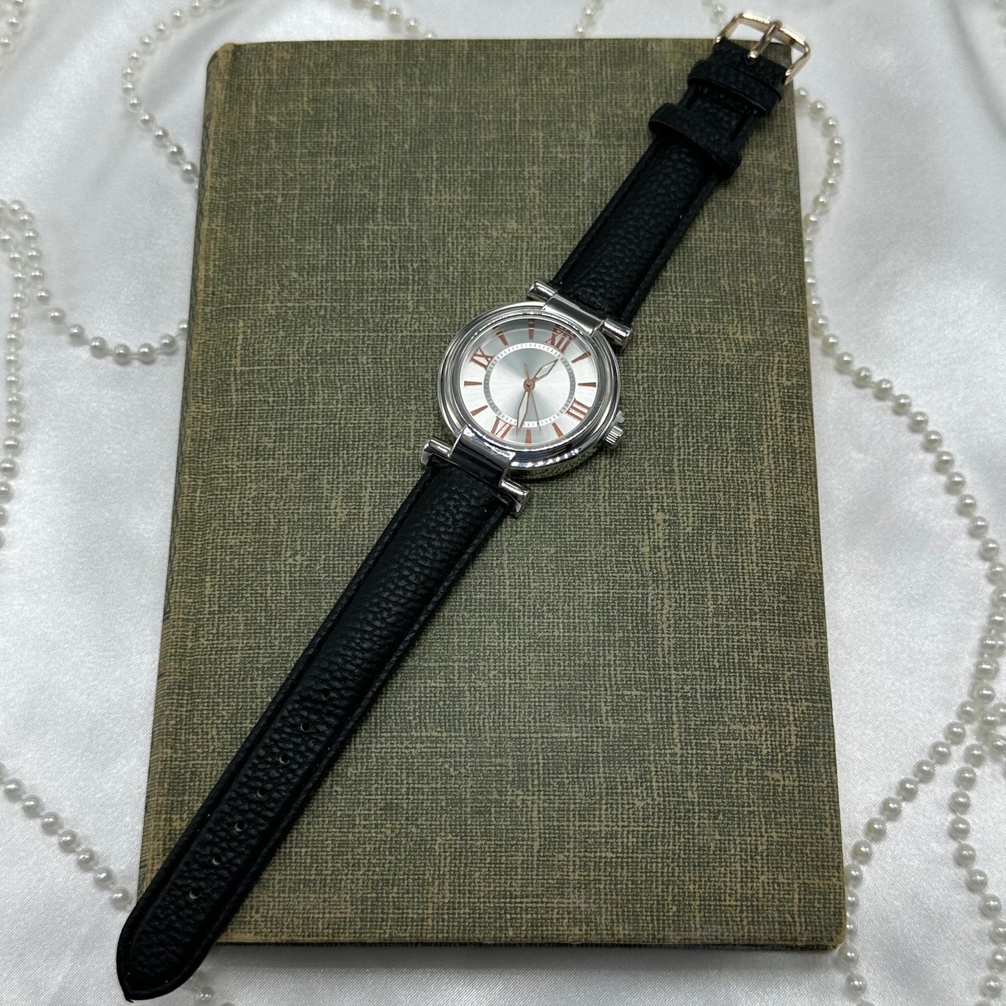 Silver and Rose Gold Watch with Black Band - Never Worn
