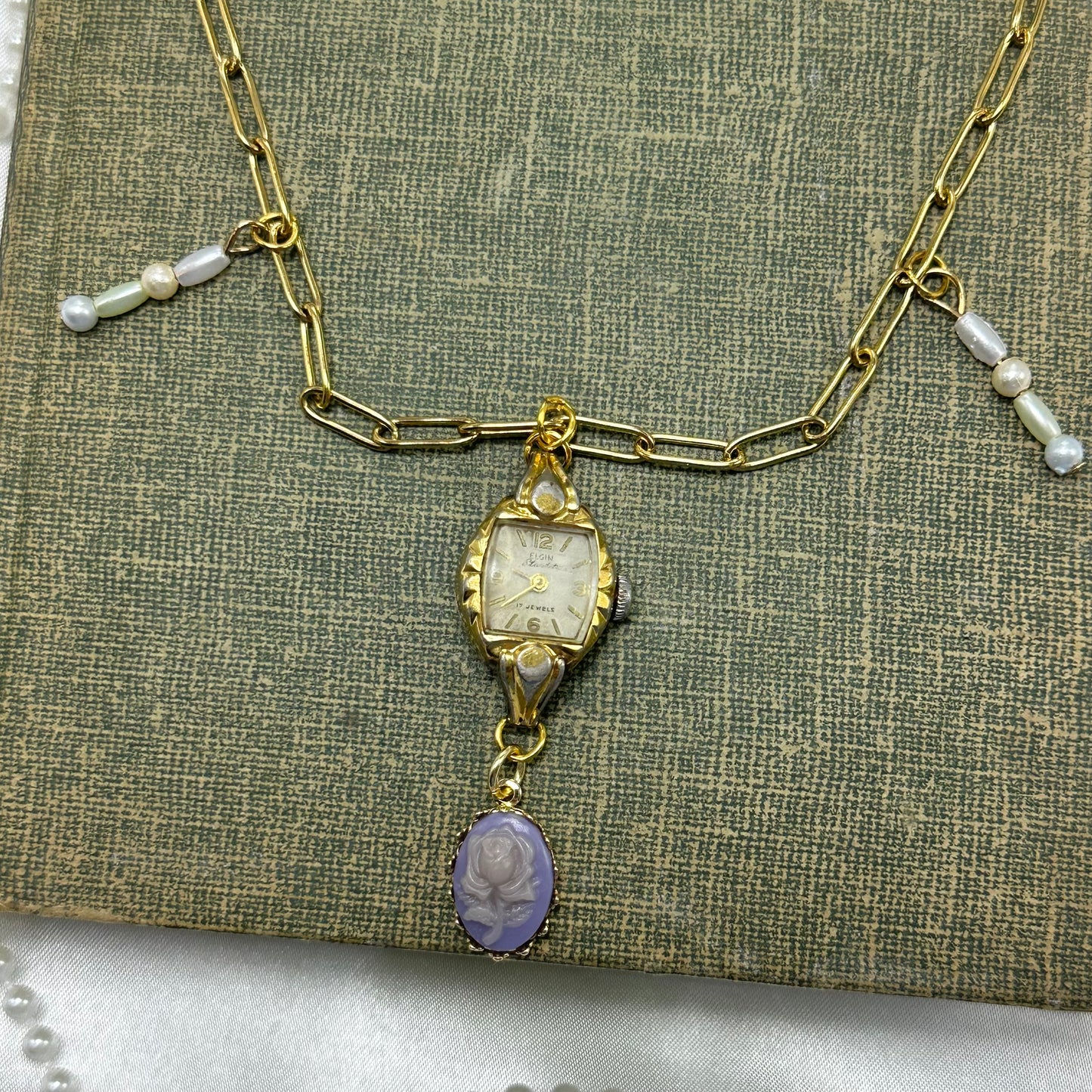Vintage Watch Necklace with Purple Rose Cameo Charm & Pearls