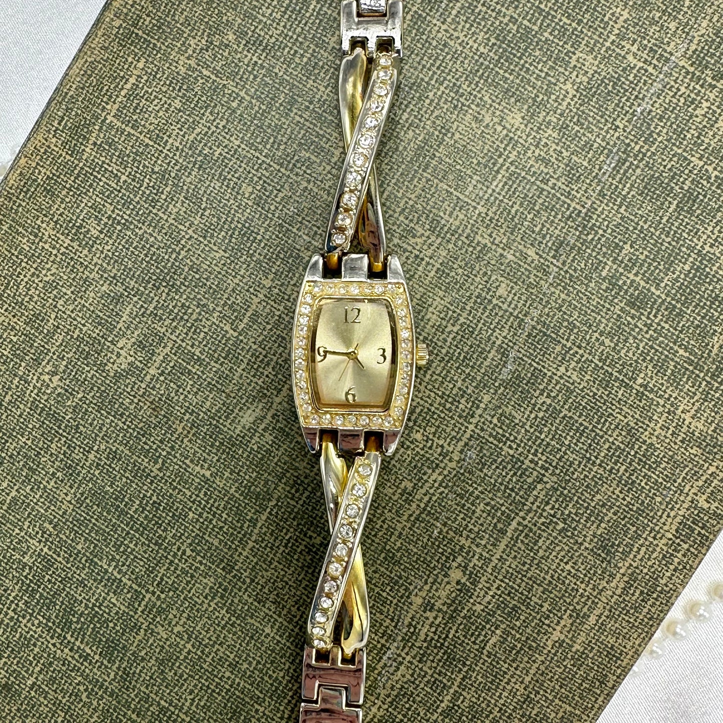 Two-Tone Diamanté Rectangle Dial Watch with Crossed Band