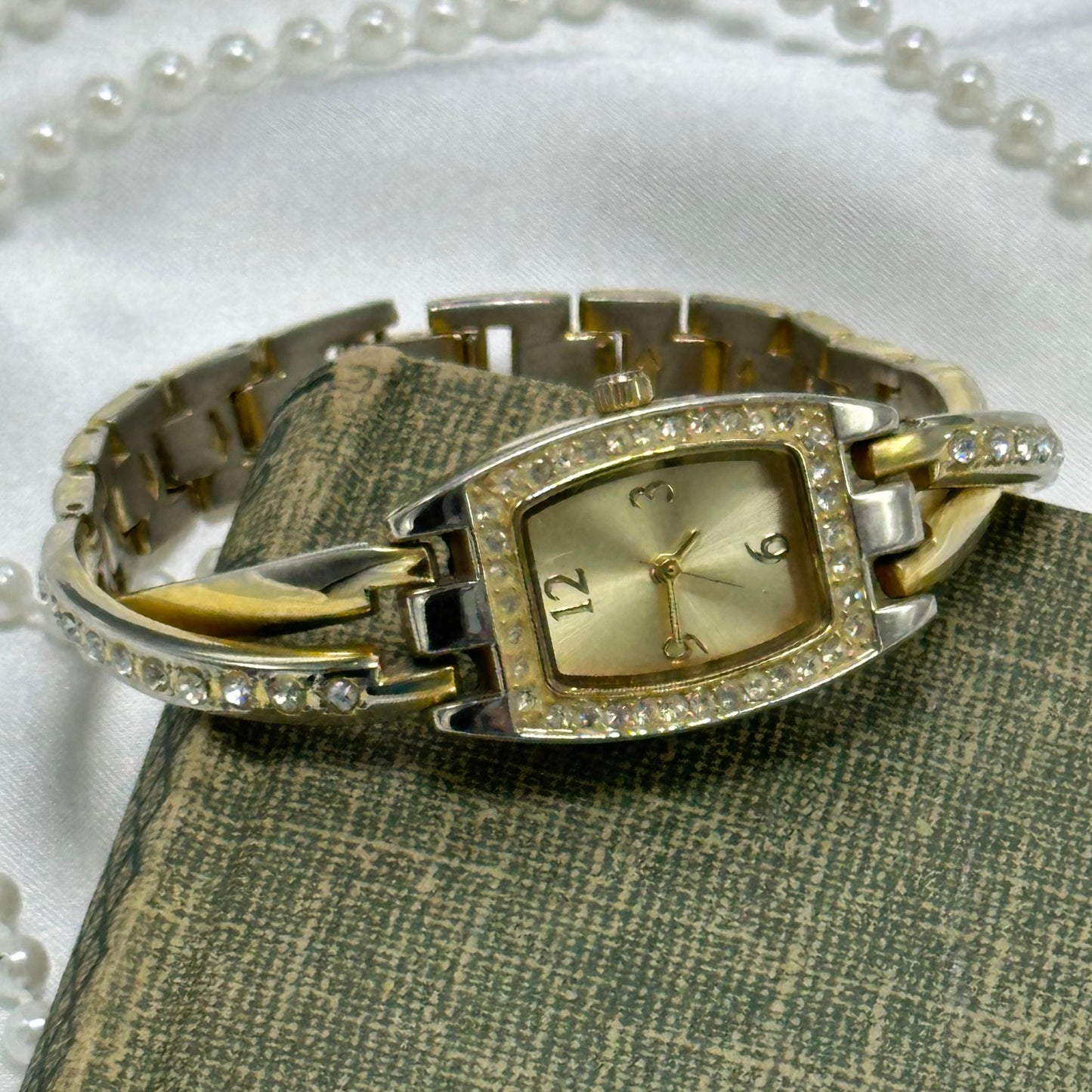 Two-Tone Diamanté Rectangle Dial Watch with Crossed Band