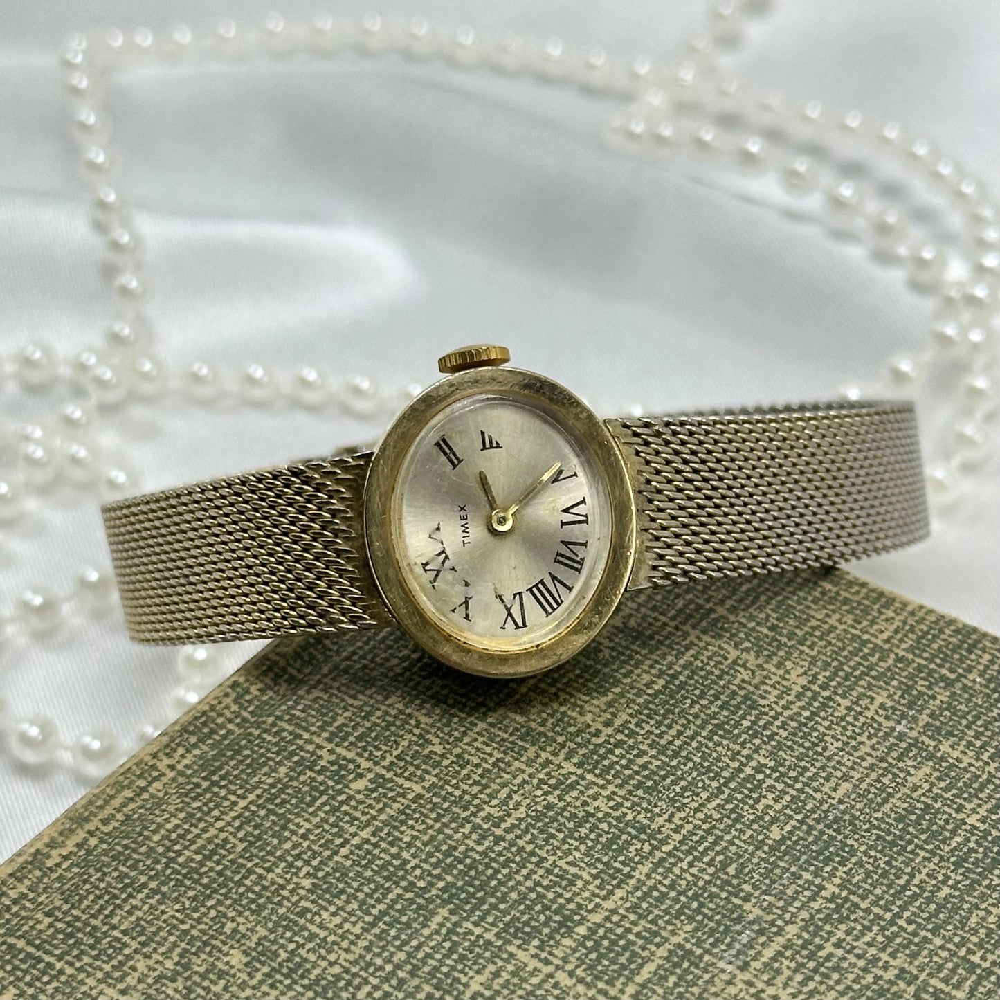 Vintage Gold Wind-Up Timex Watch with Mesh Band