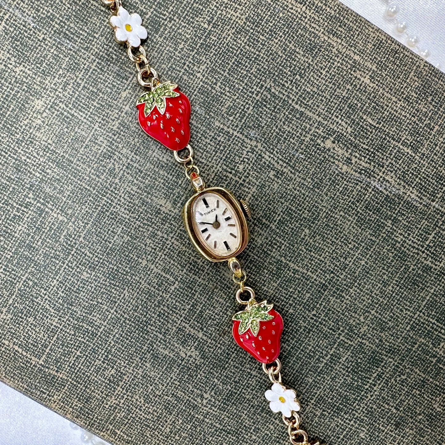 Gold 1979 Timex with Strawberry Charm Bracelet
