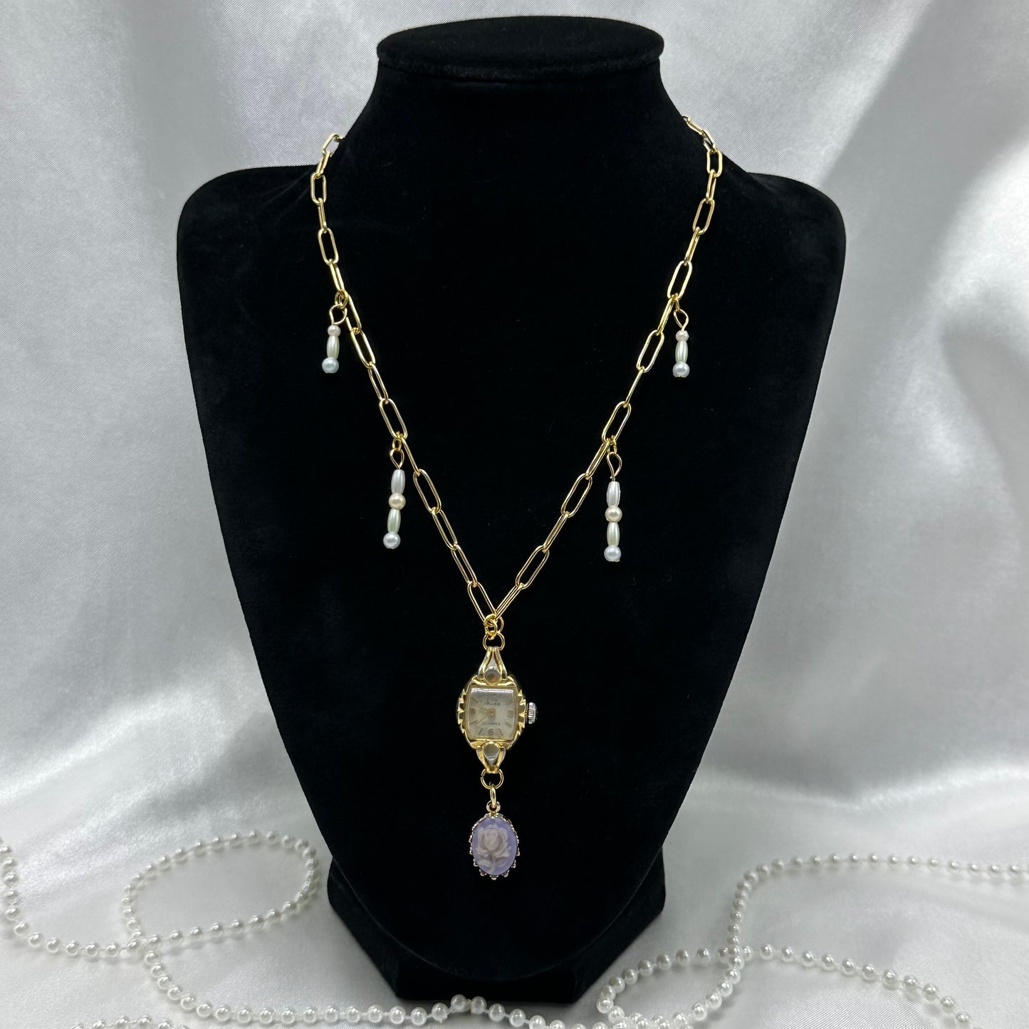 Vintage Watch Necklace with Purple Rose Cameo Charm & Pearls
