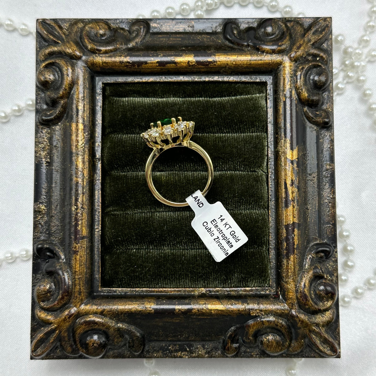 Green & Cubic Zirconia Stone Vintage Deadstock Ring 14k Gold Electroplated