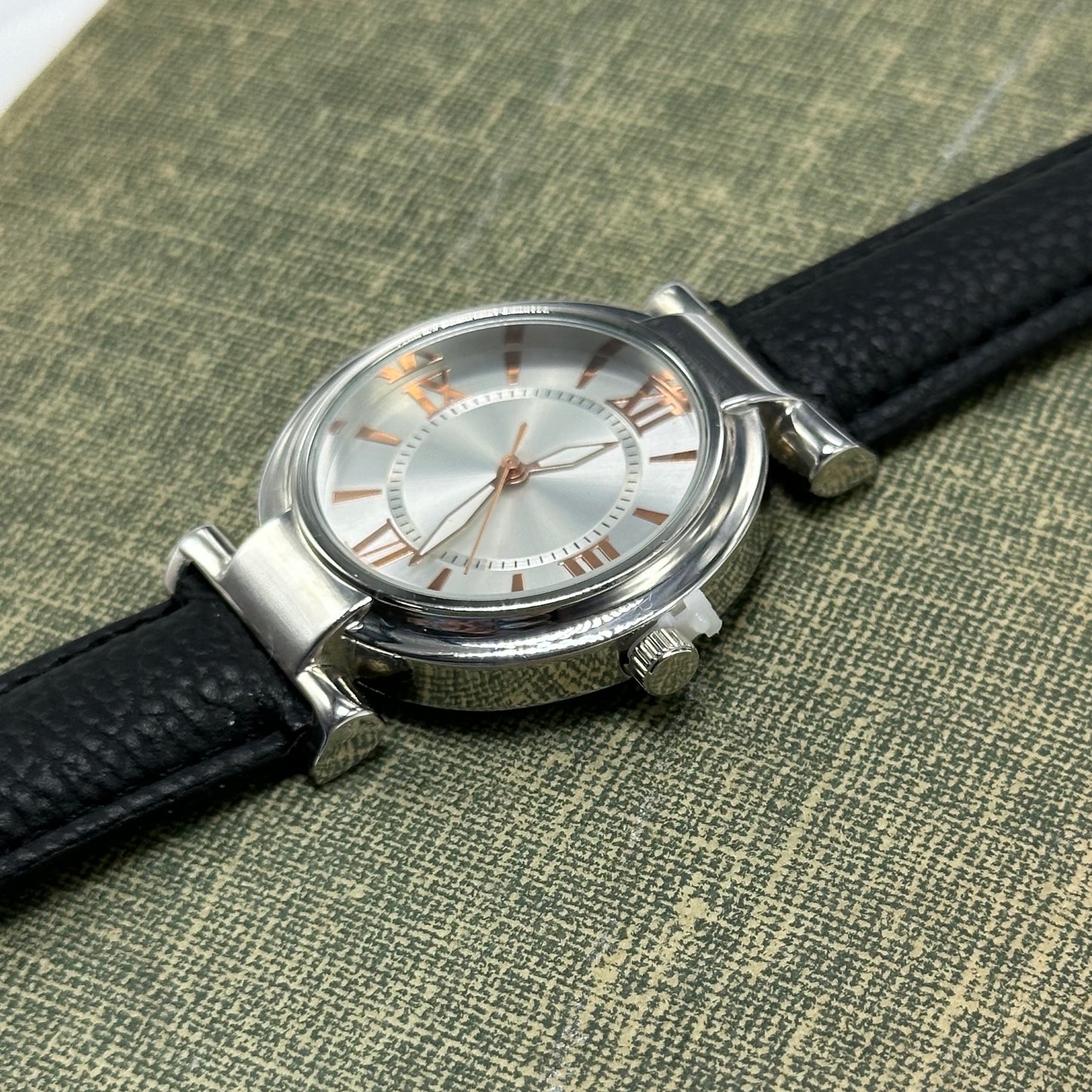 Silver and Rose Gold Watch with Black Band - Never Worn