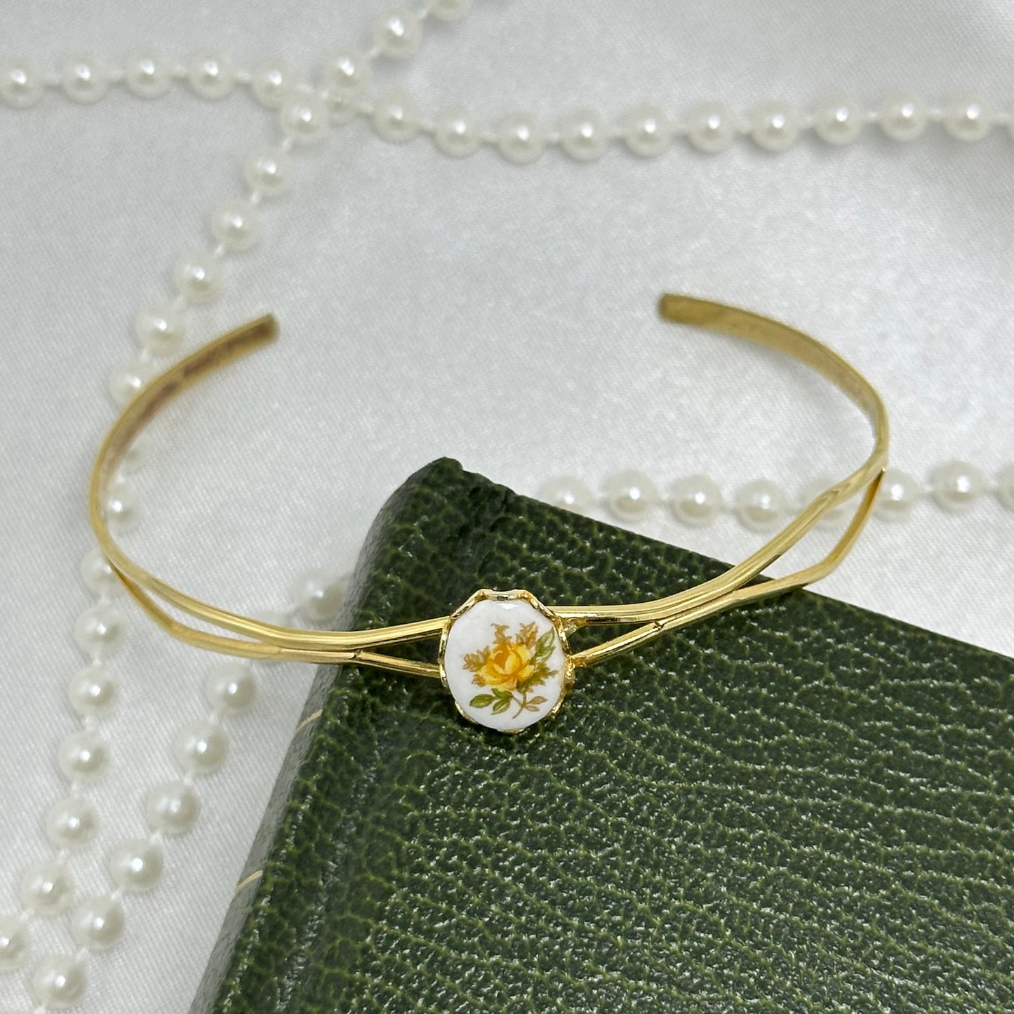 Vintage Gold Cuff Bracelet with Enamel Flowers