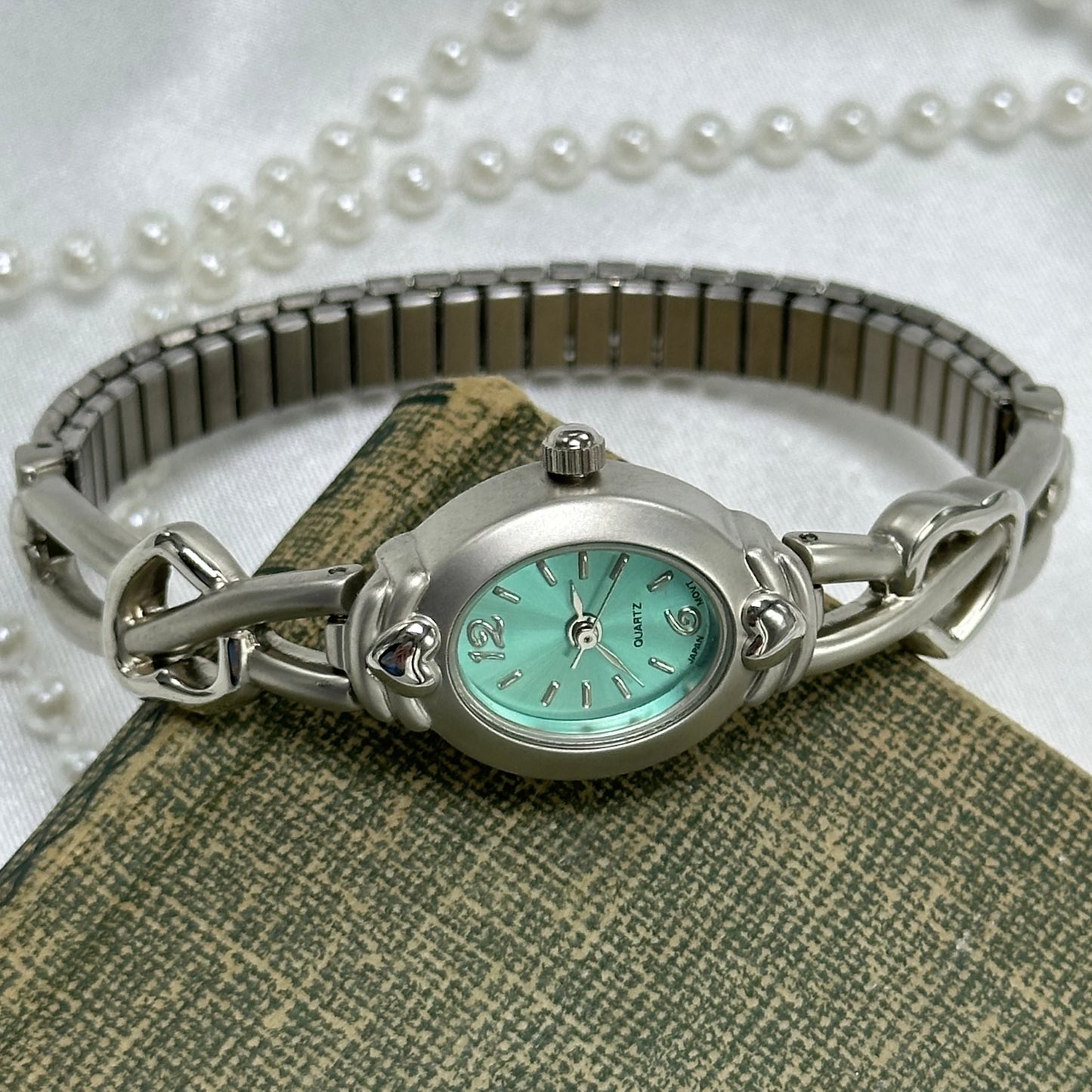 Silver Watch with Heart Band and Teal Dial