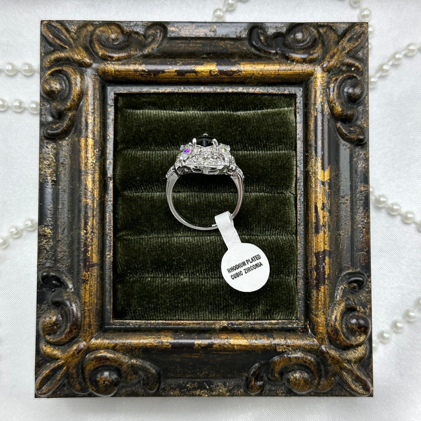 Vintage Rhodium Plated Art Deco Style Ring with Black Heart Stone