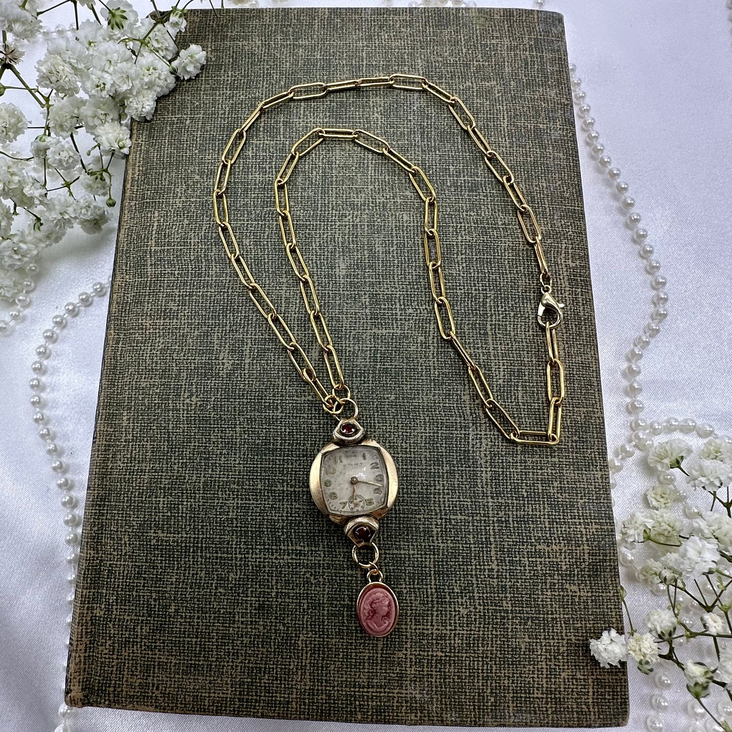 Vintage Ruby Accented Watch Necklace with Cameo Charm