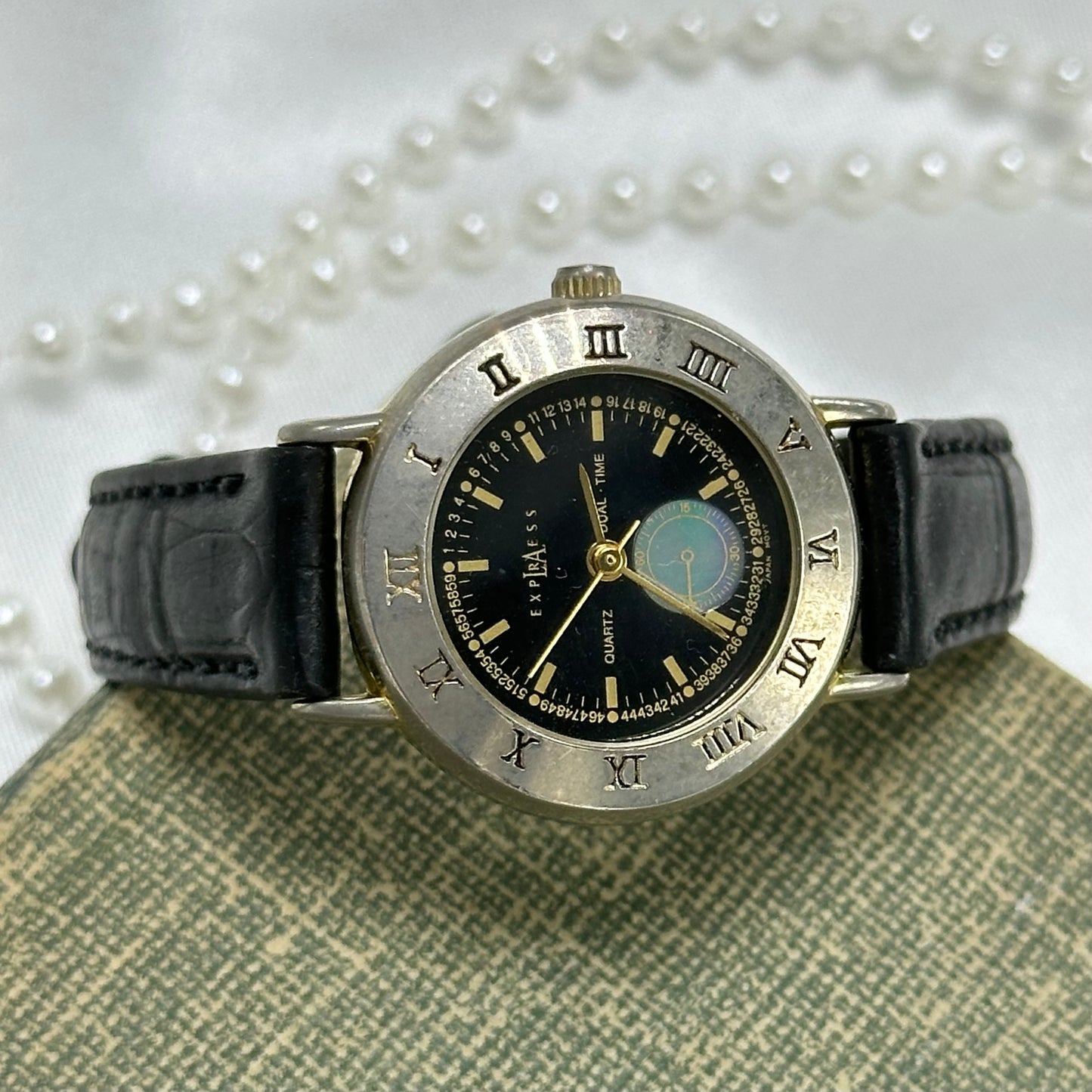 Gold and Black Dual-Time LA Express Watch with Iridescent Dial