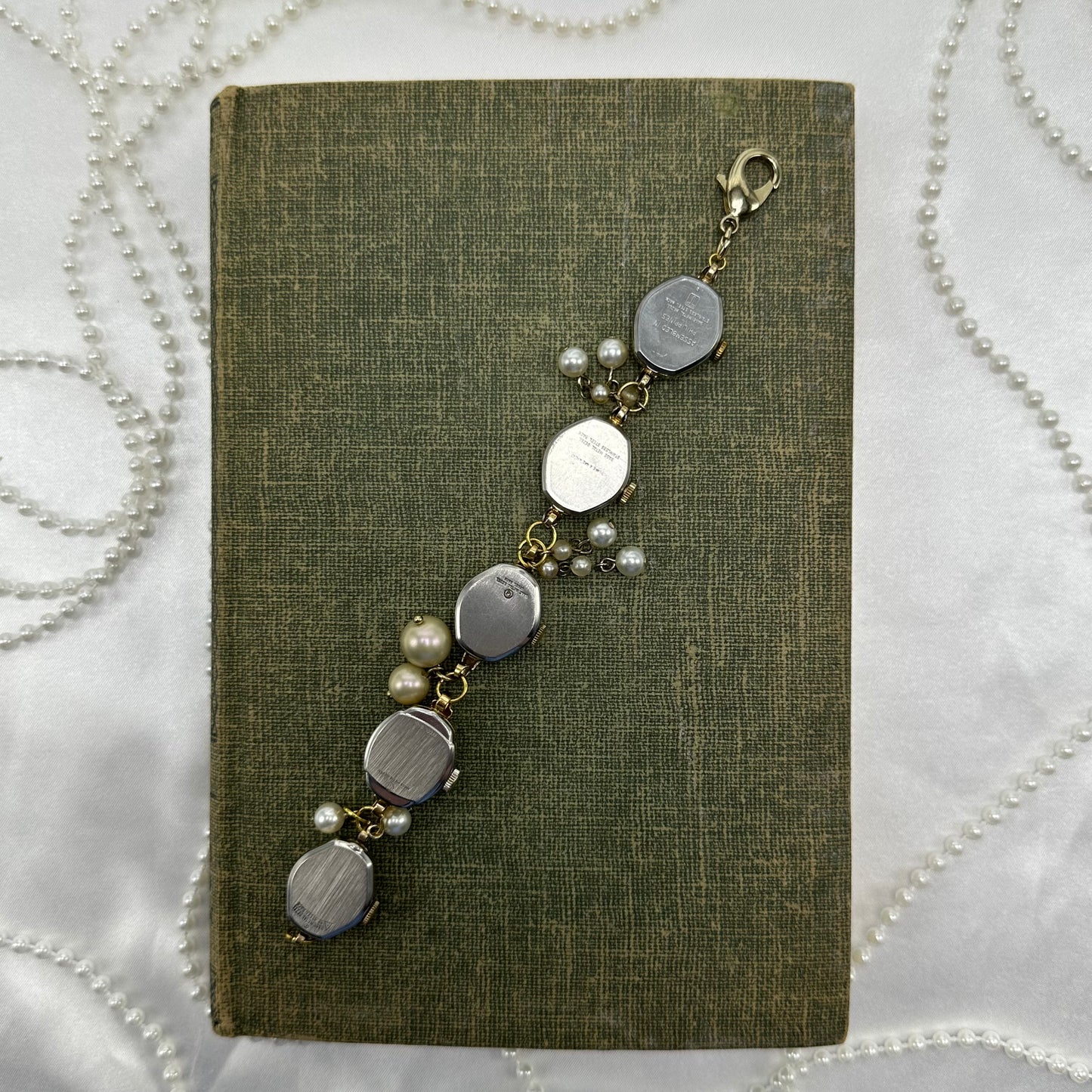 Gold Watch Bracelet with Pearl Charms