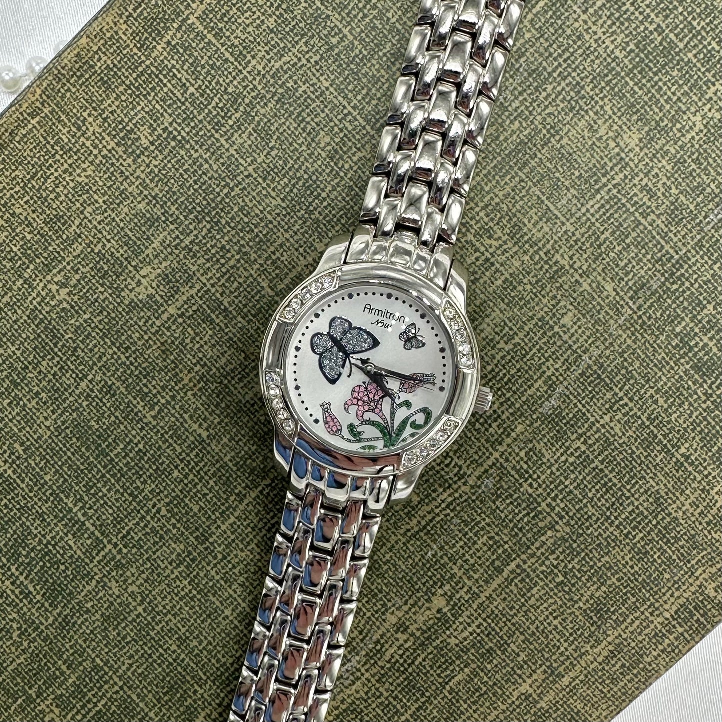 Silver Diamanté Armitron Watch with Purple Butterflies and Flower Dial