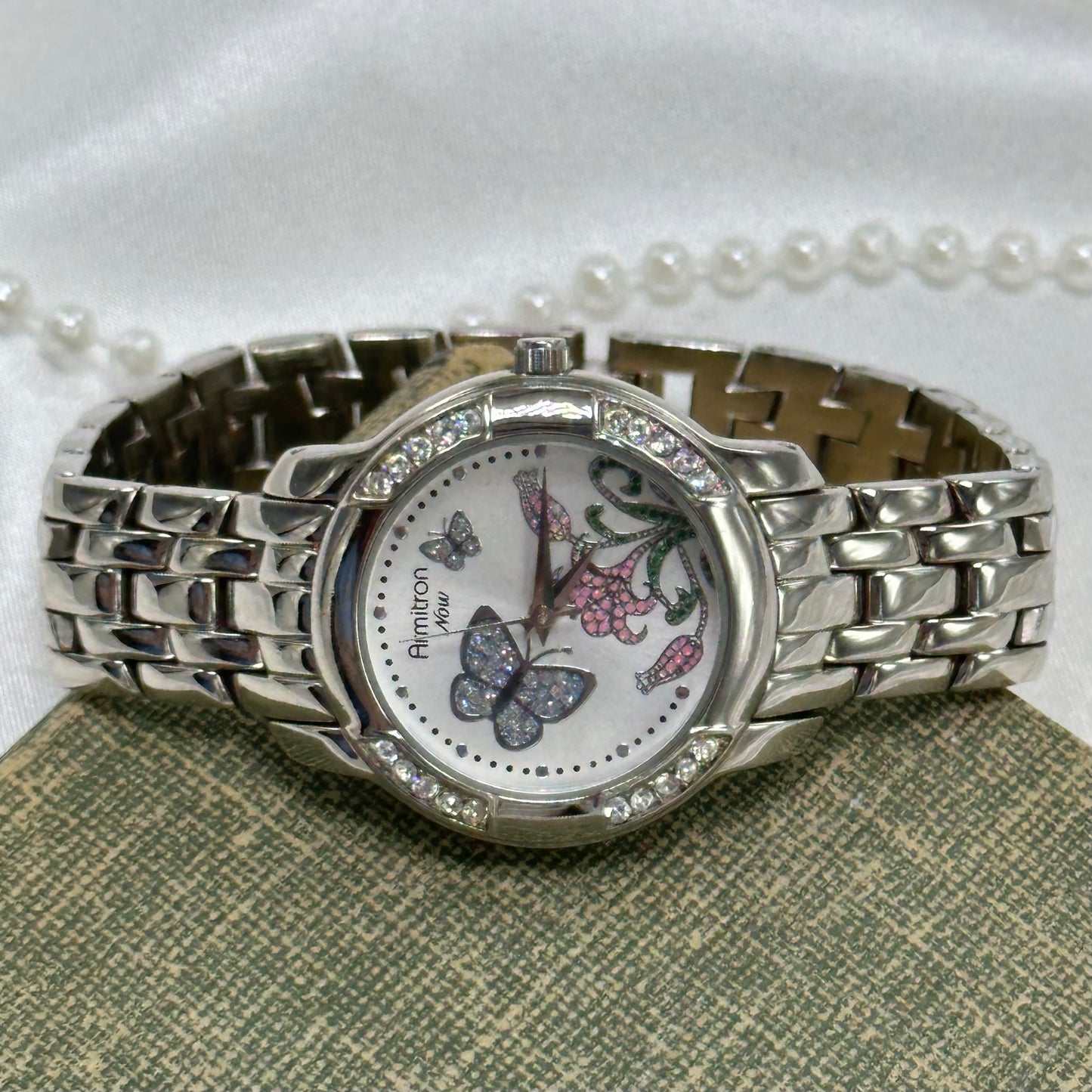 Silver Diamanté Armitron Watch with Purple Butterflies and Flower Dial