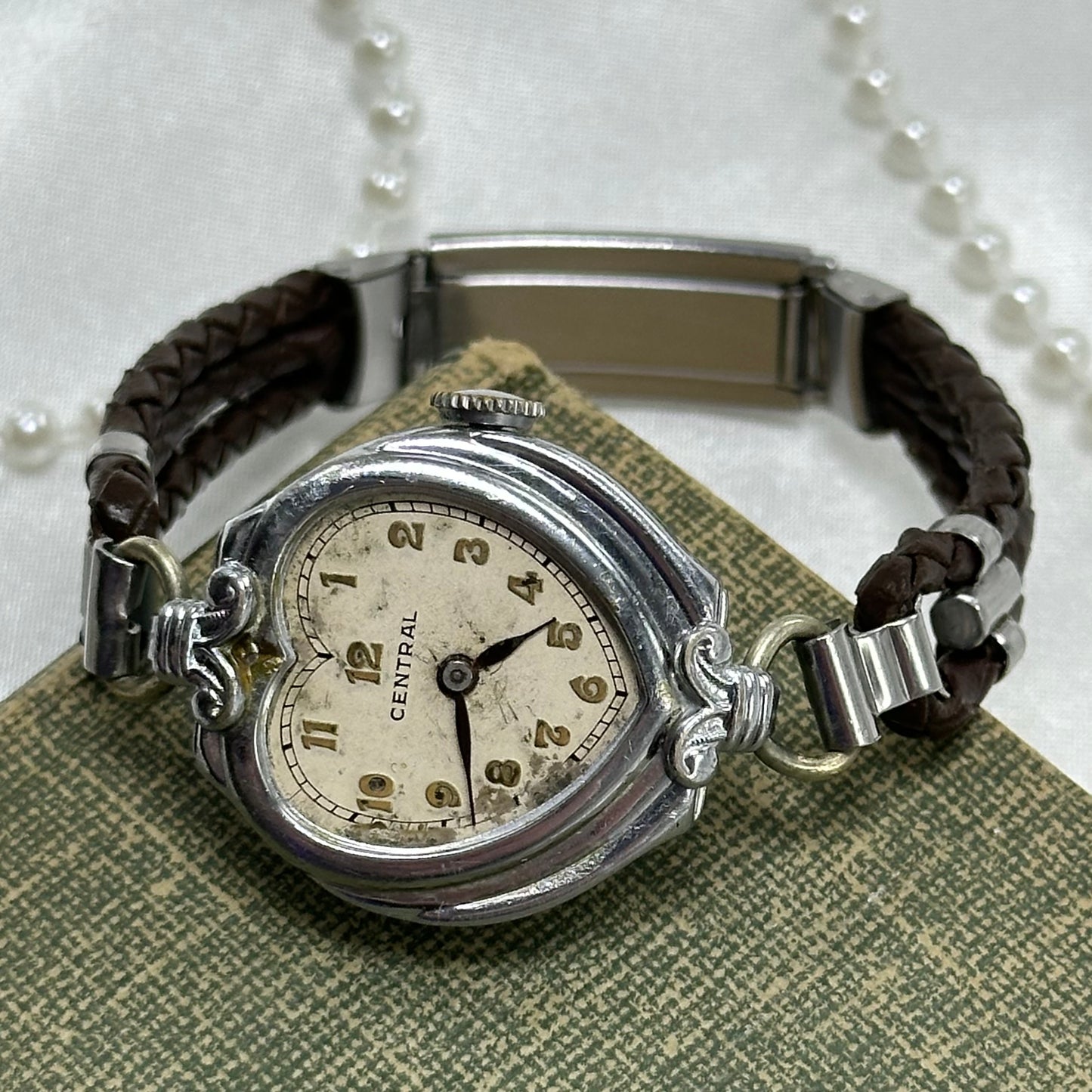 Vintage Silver Wind-Up Heart Watch with Brown Braided Leather Band