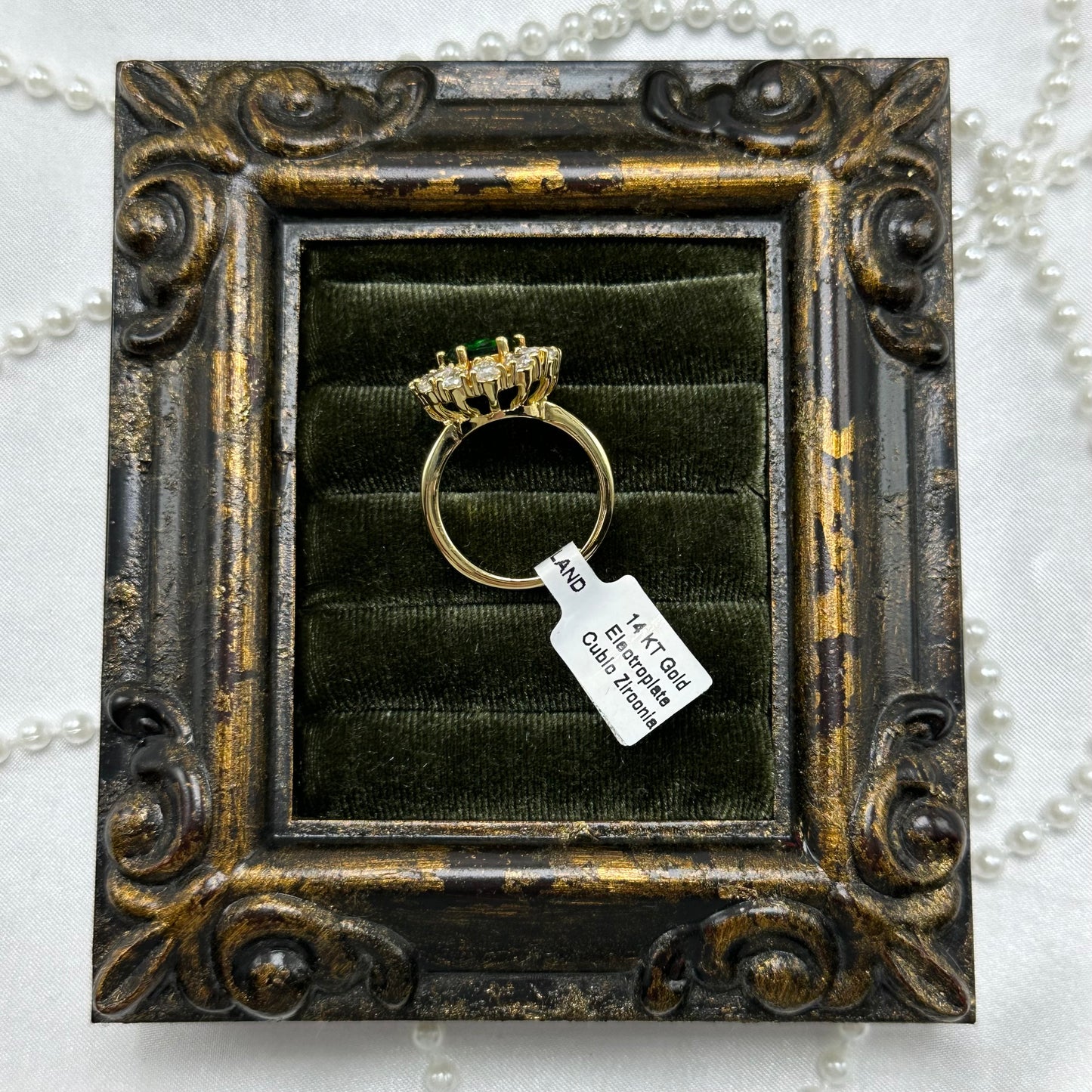 Green & Cubic Zirconia Stone Vintage Deadstock Ring 14k Gold Electroplated