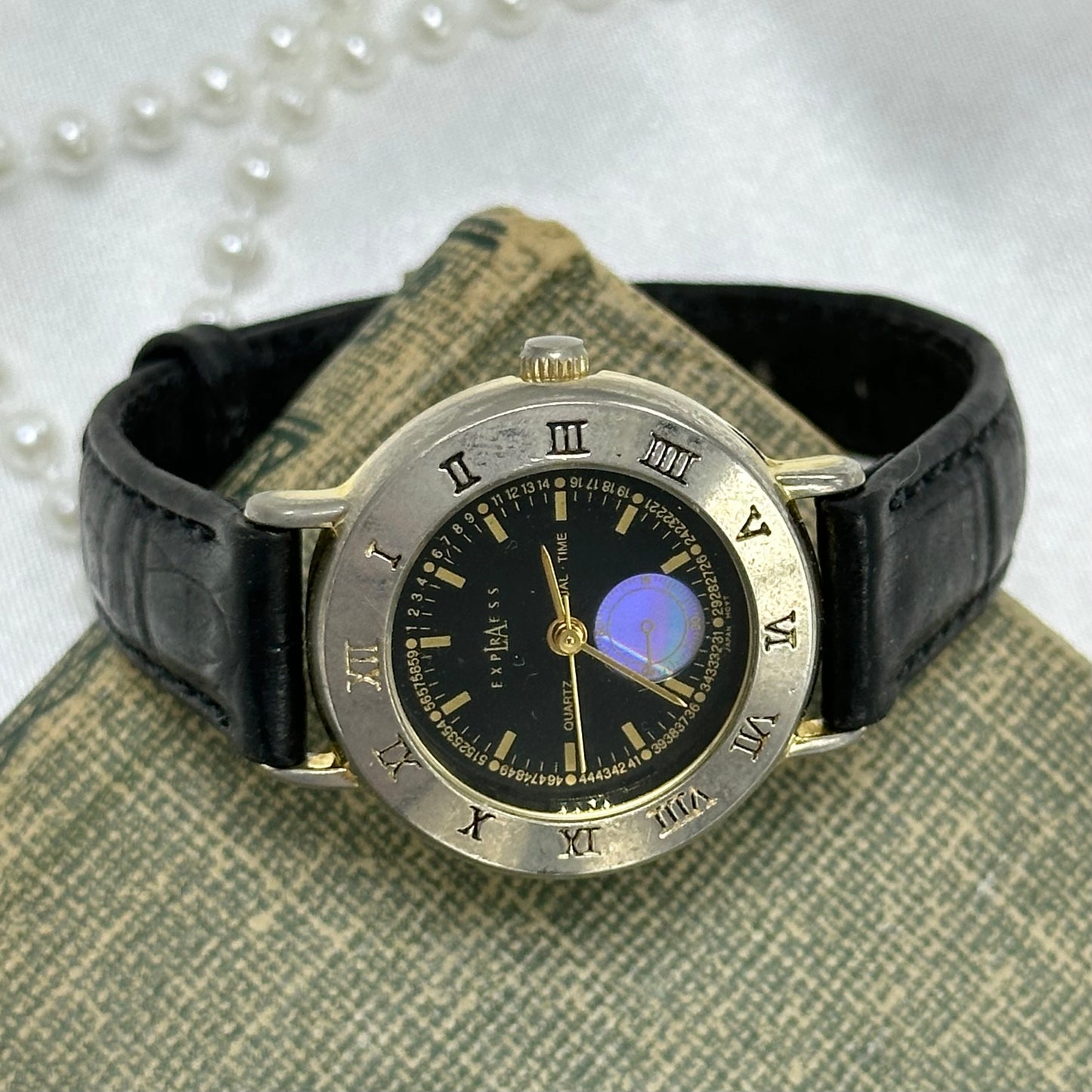 Gold and Black Dual-Time LA Express Watch with Iridescent Dial