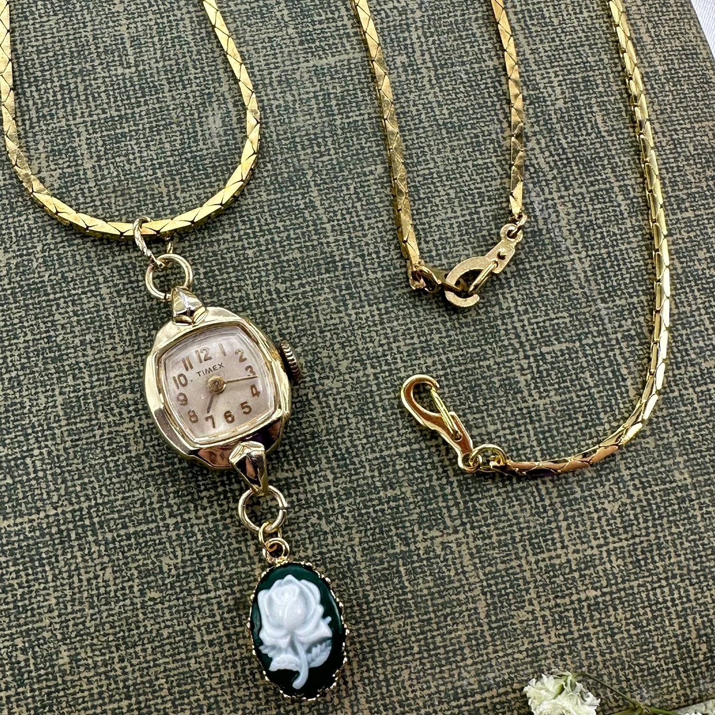 Vintage Watch and Green Cameo Necklace with Matching Bracelet