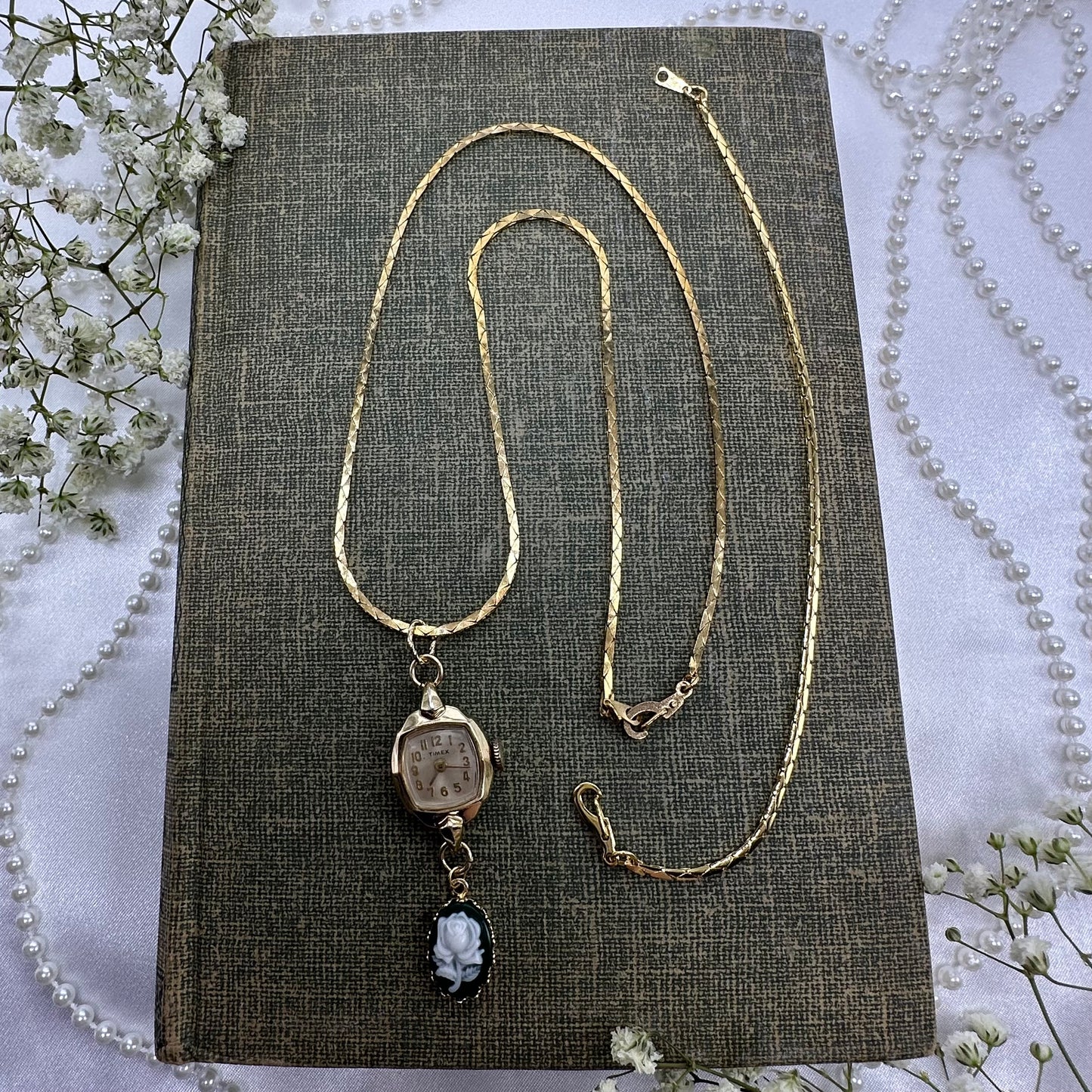 Vintage Watch and Green Cameo Necklace with Matching Bracelet