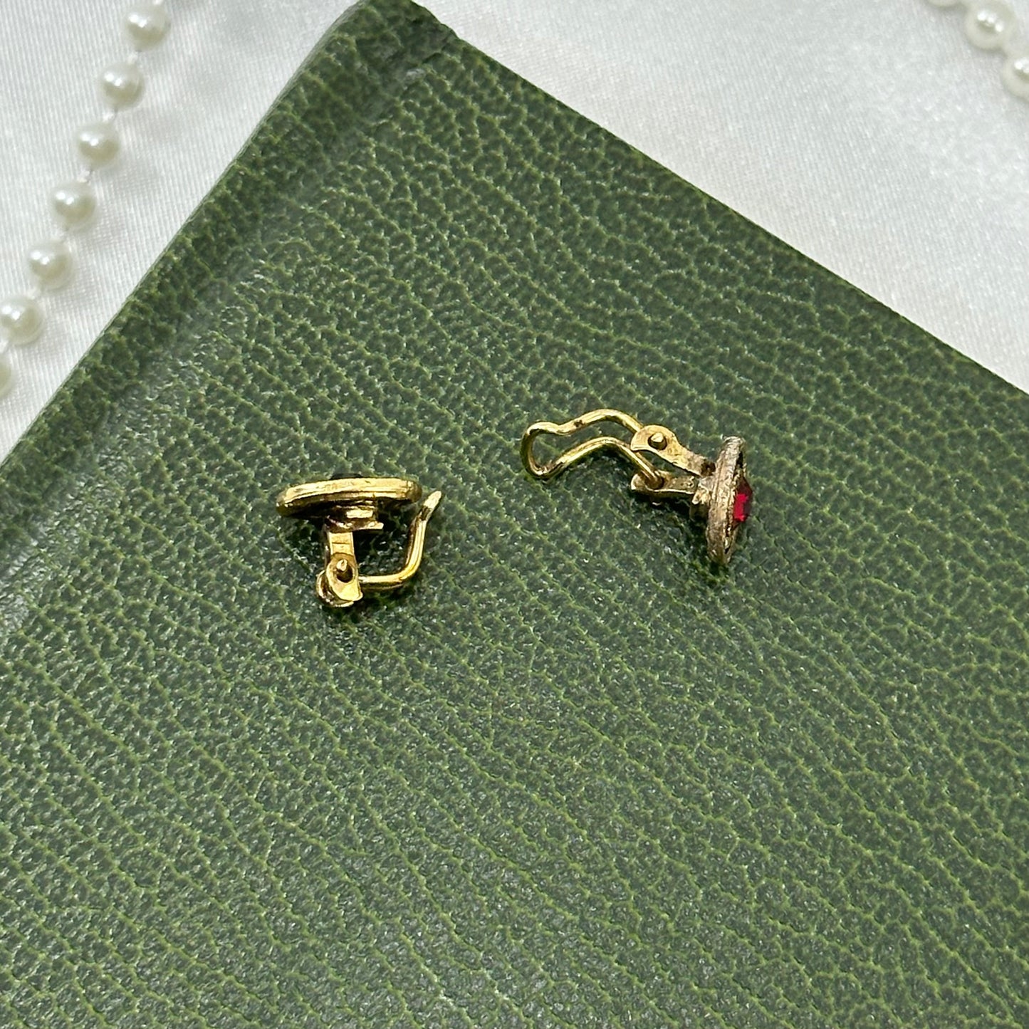 Adorable Dainty Vintage Clip On Oval Earrings with Red Stones