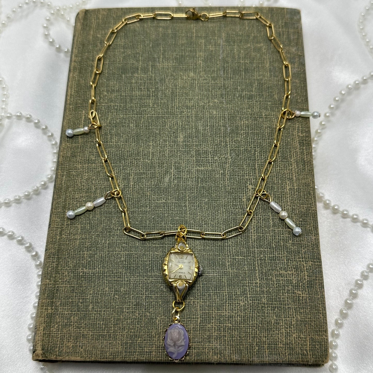 Vintage Watch Necklace with Purple Rose Cameo Charm & Pearls