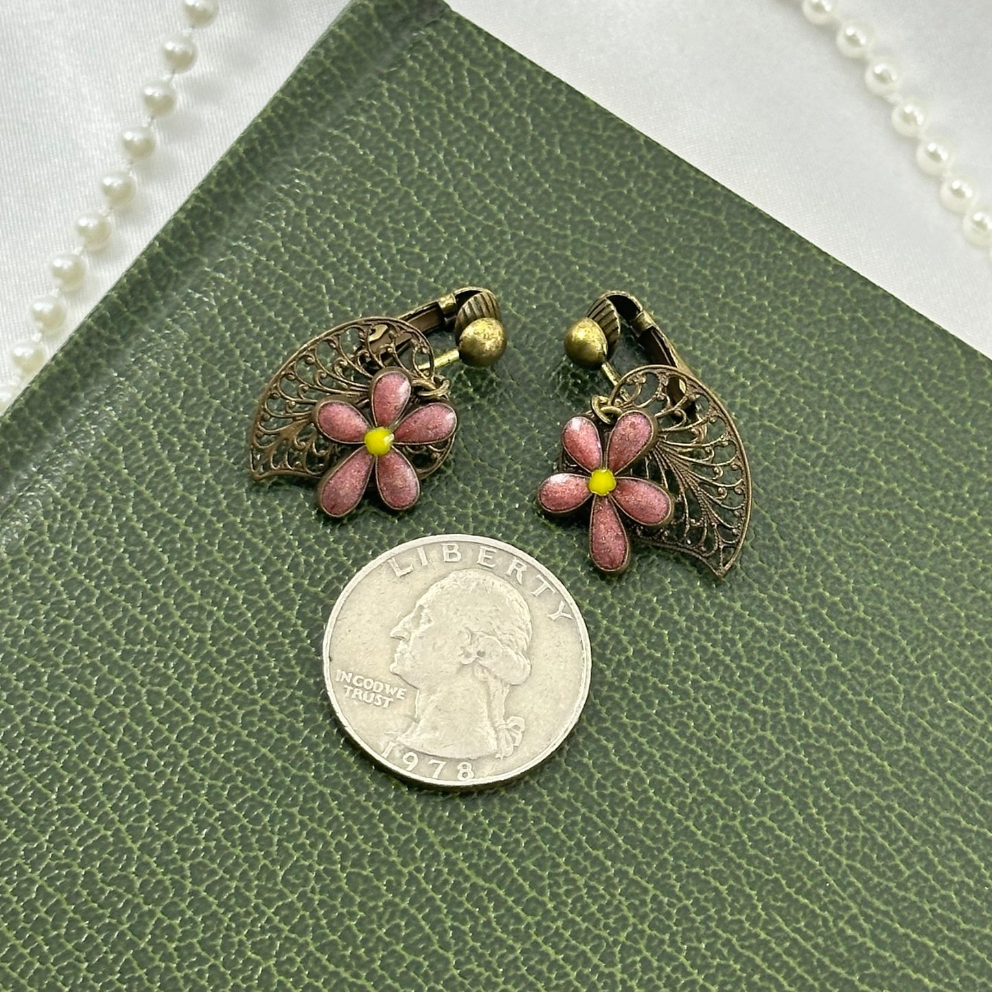 Vintage Bronze Tone Clip On Dangle Earrings with Pink Flower Charms