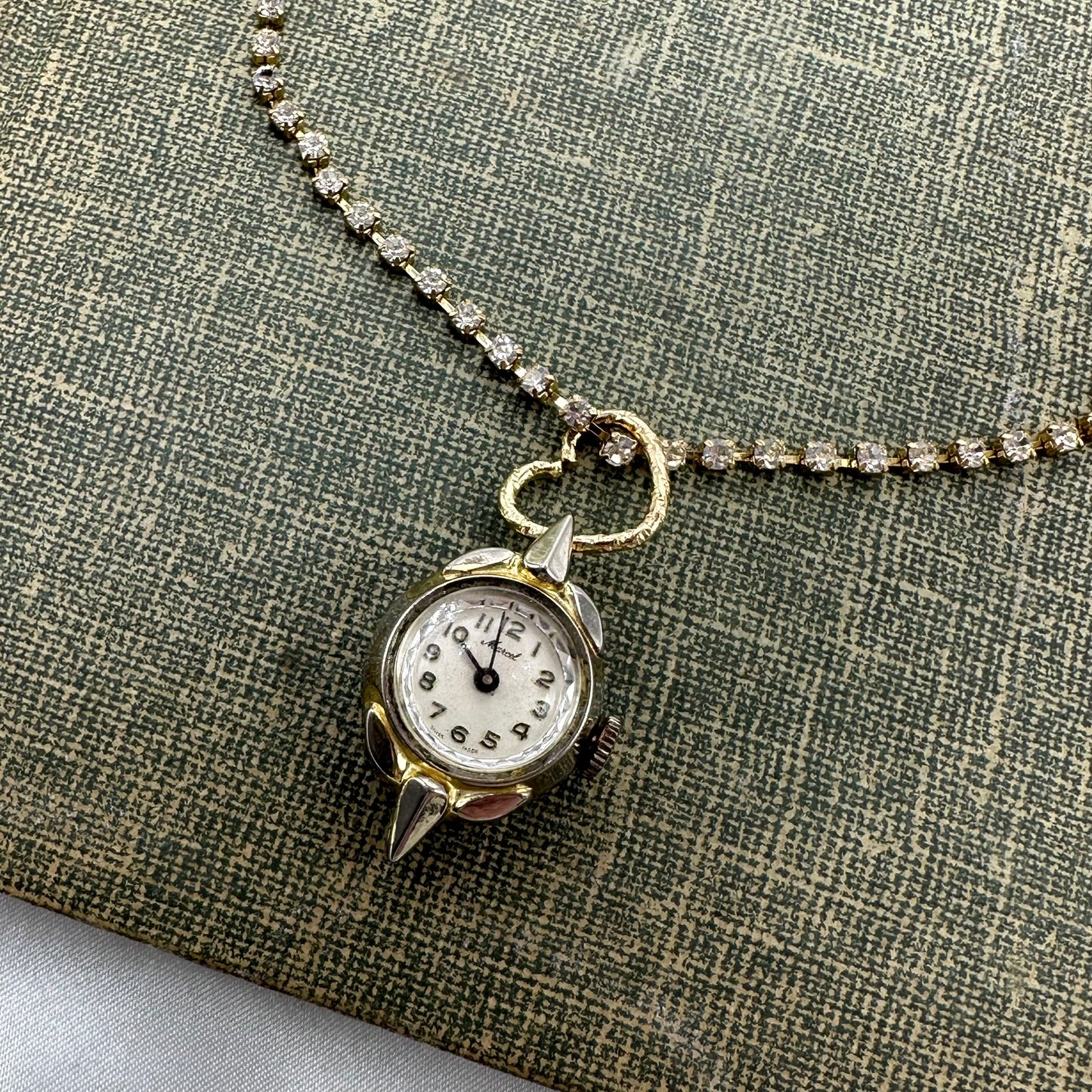 Gold Vintage Watch Rhinestone Choker with Heart Bail