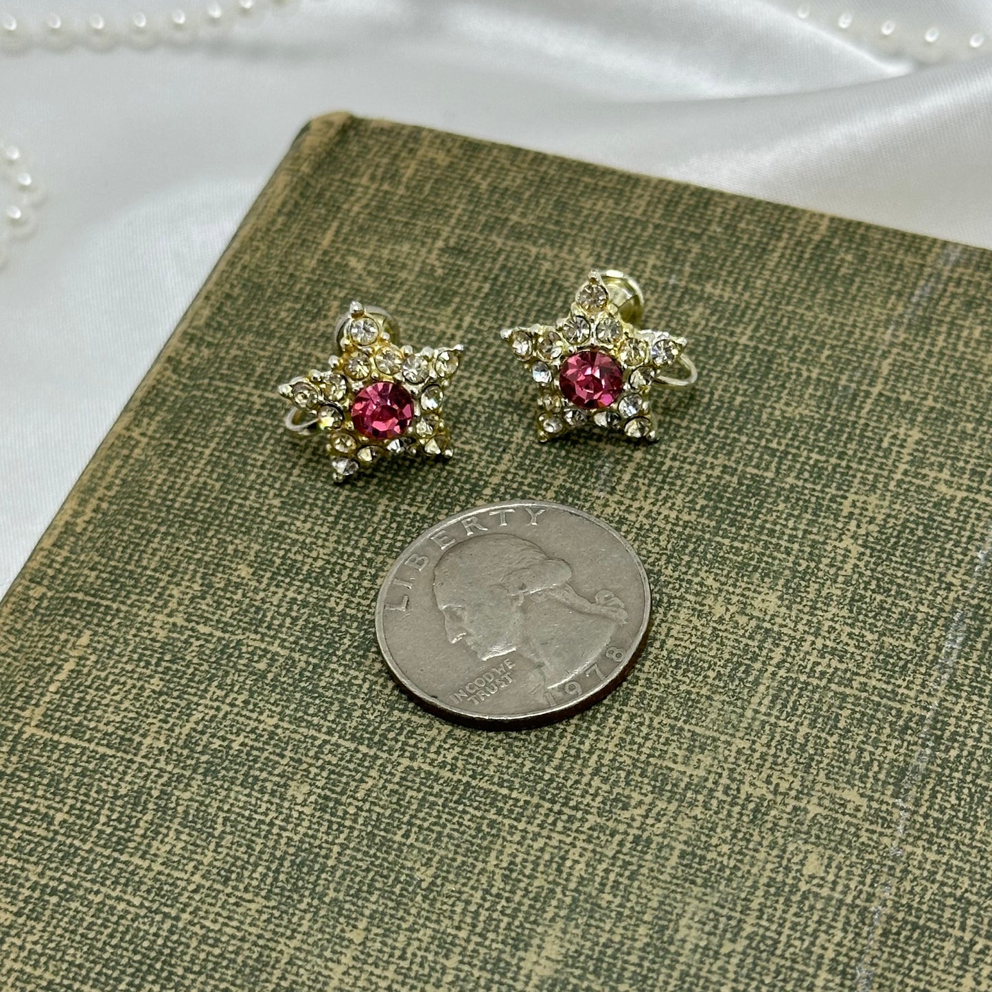 Vintage Pink Rhinestone Star Earrings - Screw Backs