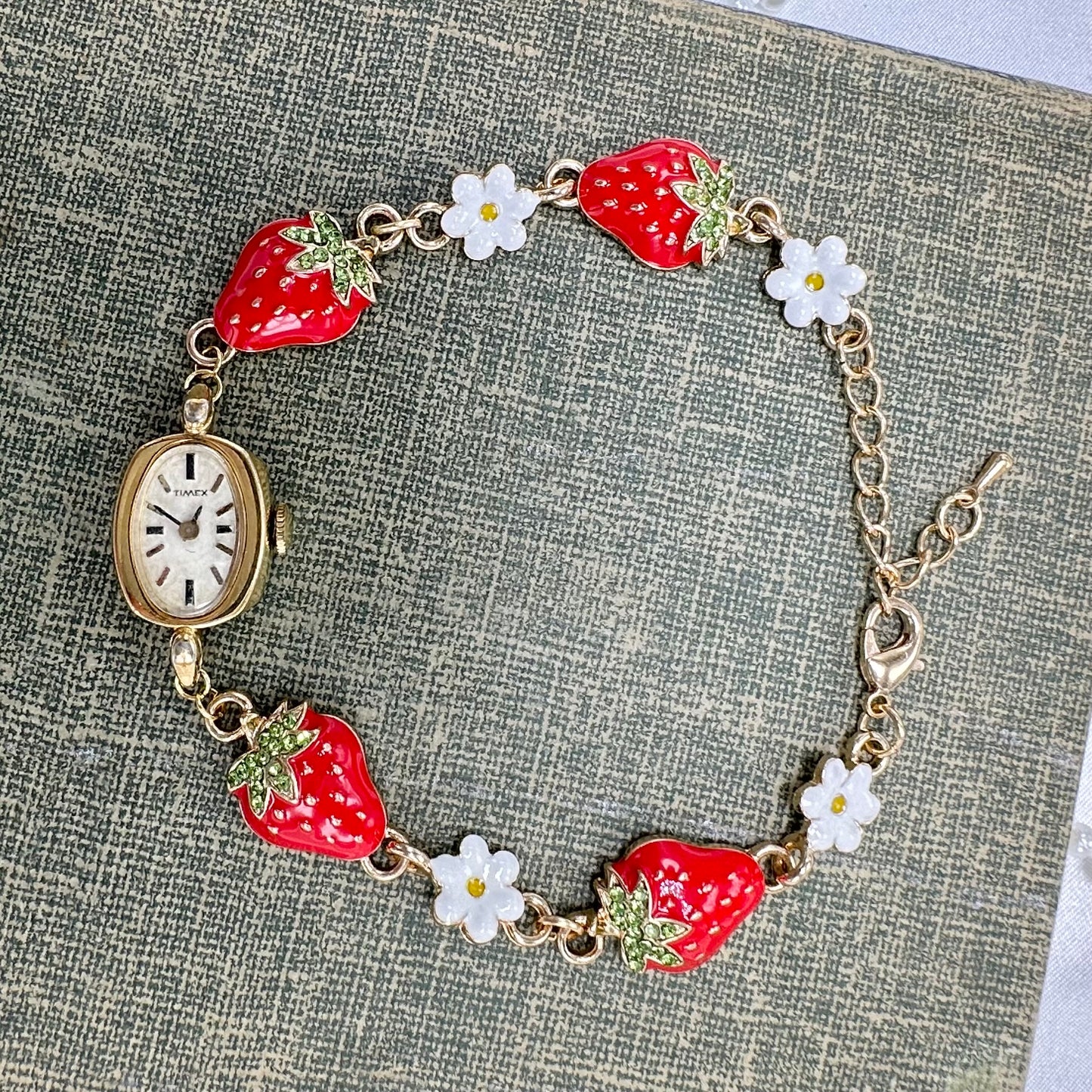 Gold 1979 Timex with Strawberry Charm Bracelet