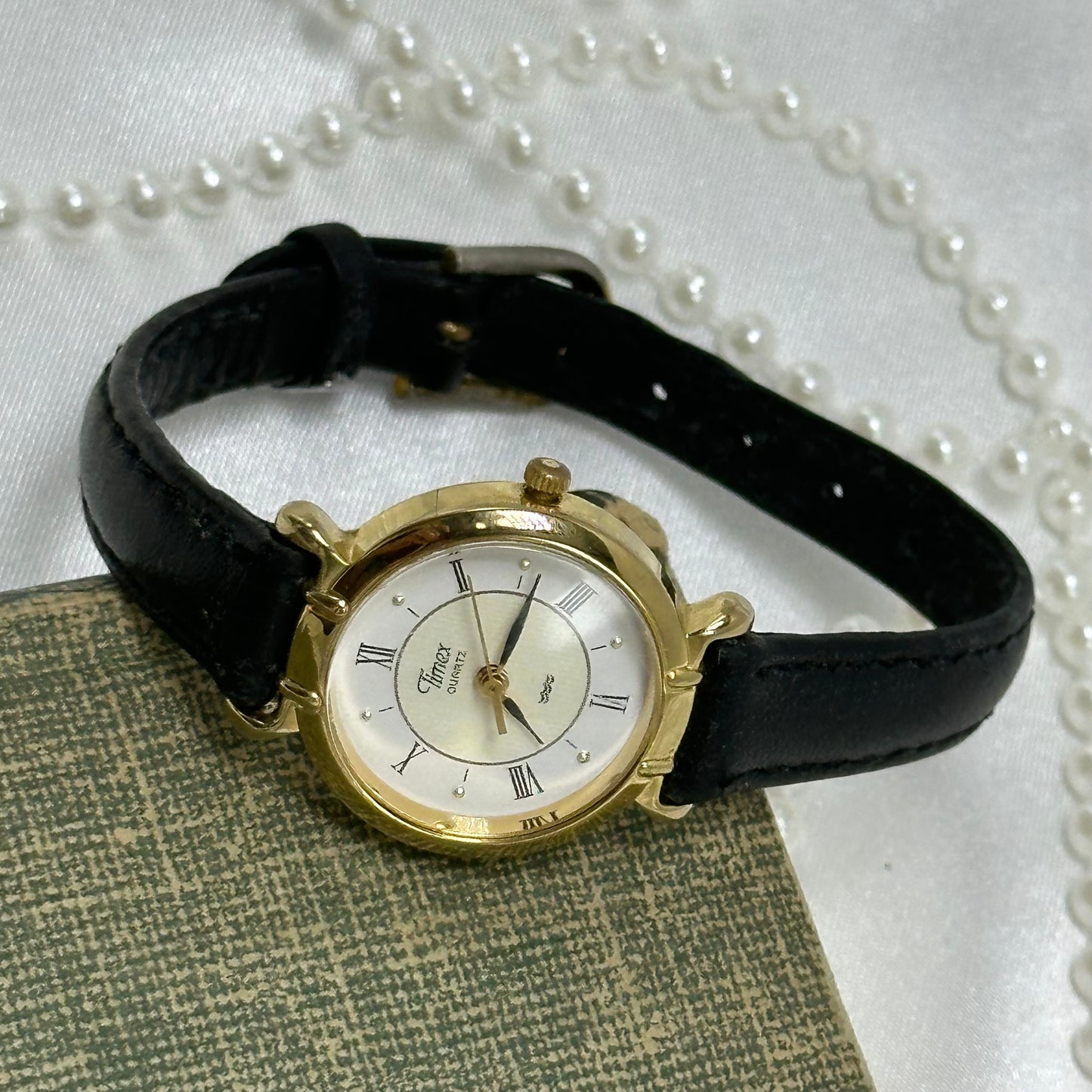Gold Round Dial Timex Watch with Black Band