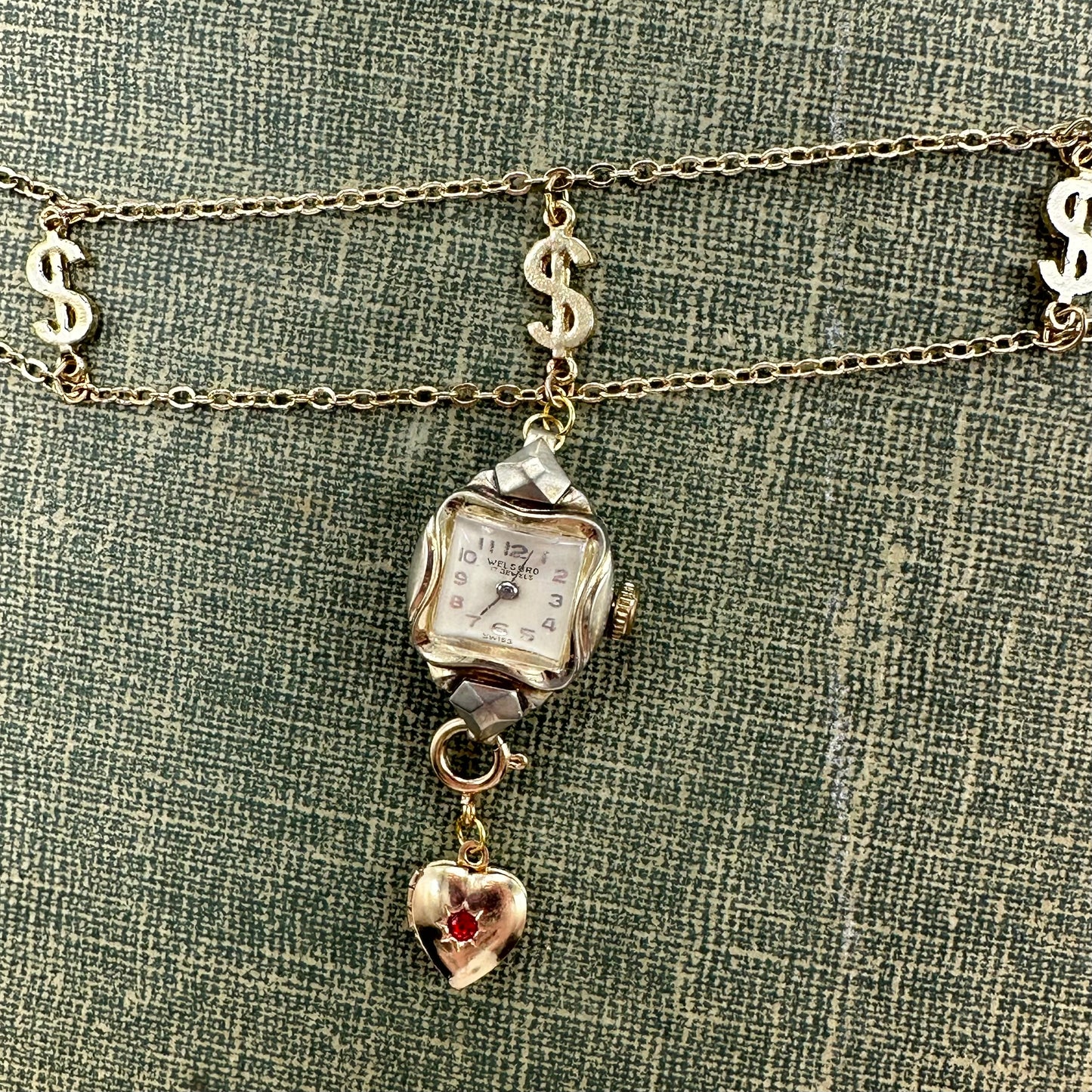 Gold Choker with Vintage Watch Pendant and Removeable Heart Locket