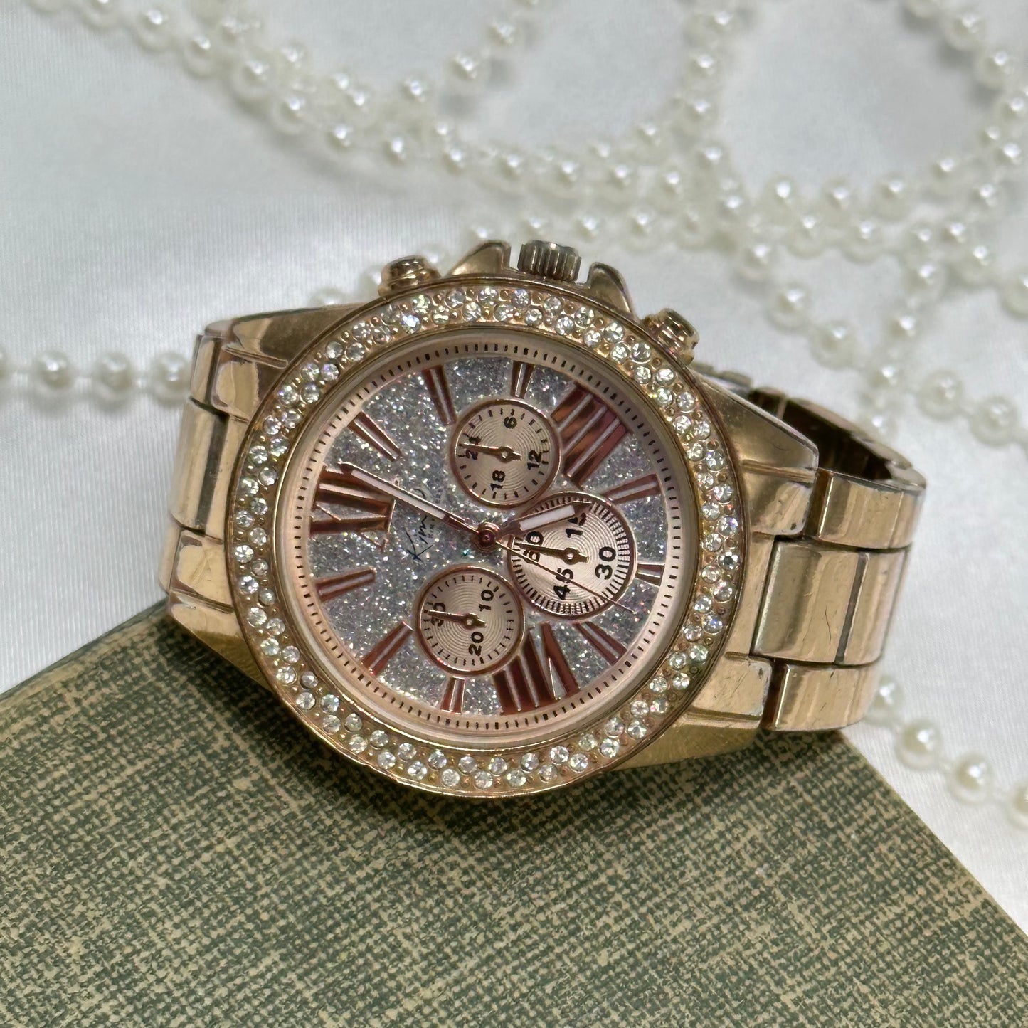 Rose Gold Diamanté Tank Watch with Glitter Dial