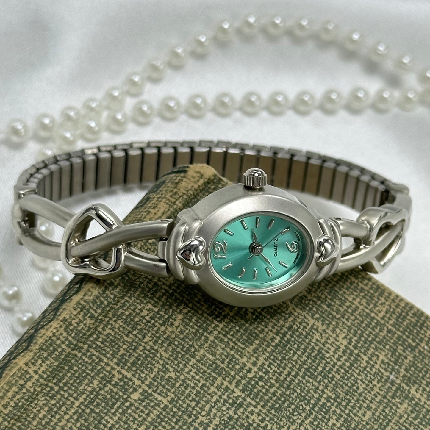 Silver Watch with Heart Band and Teal Dial