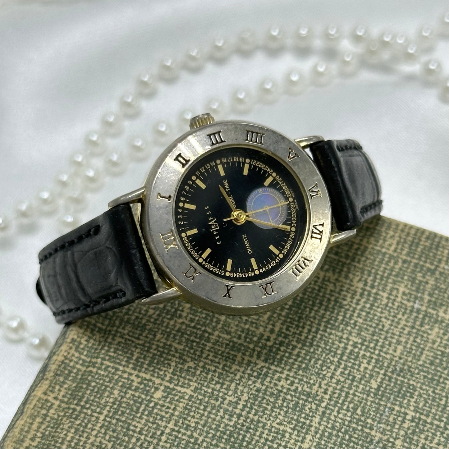 Gold and Black Dual-Time LA Express Watch with Iridescent Dial