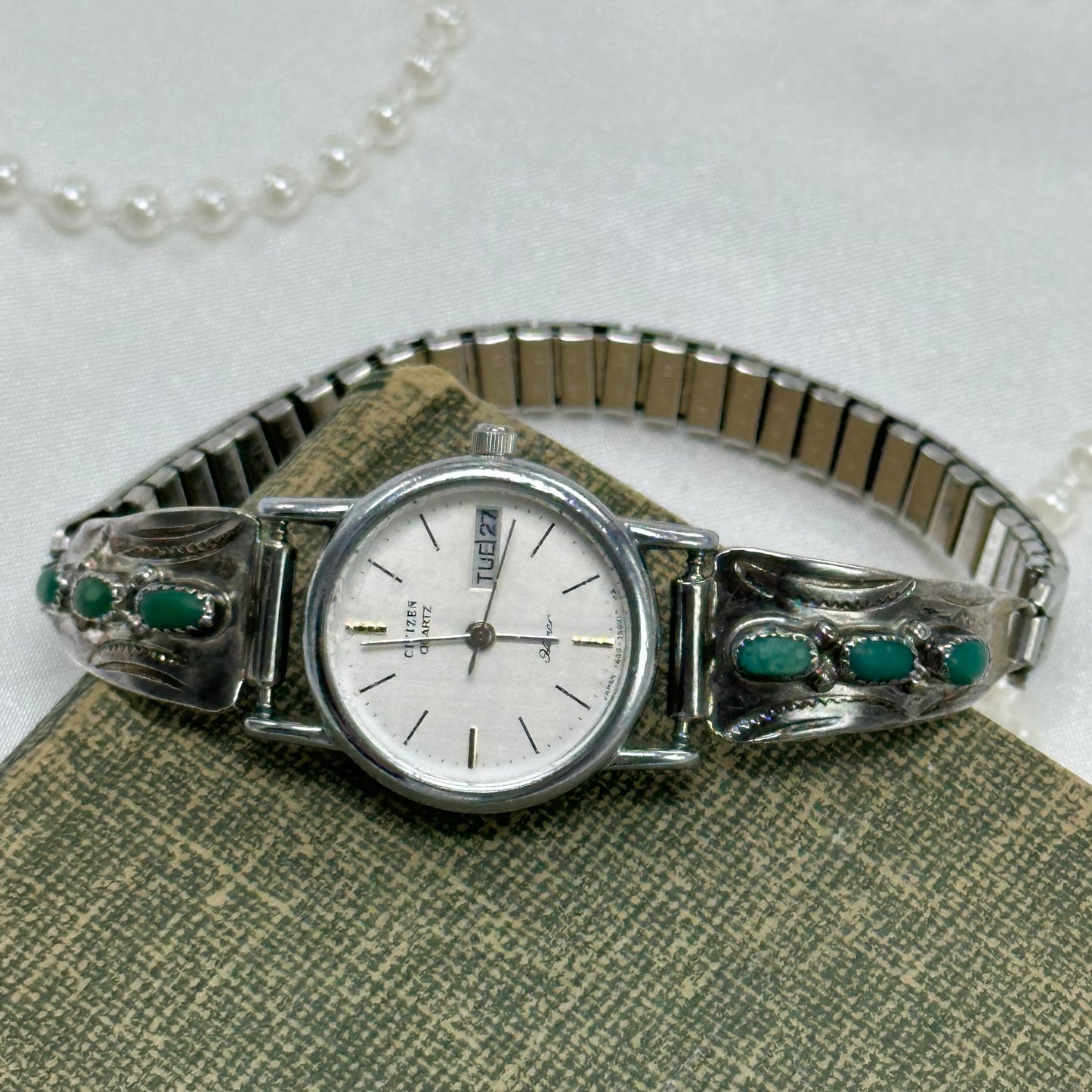 Silver and Turquoise Citizen Round Dial Watch
