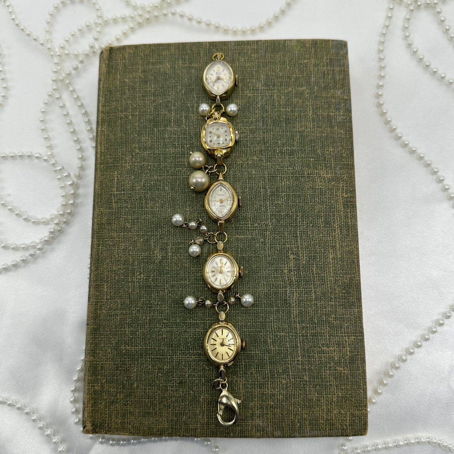Gold Watch Bracelet with Pearl Charms
