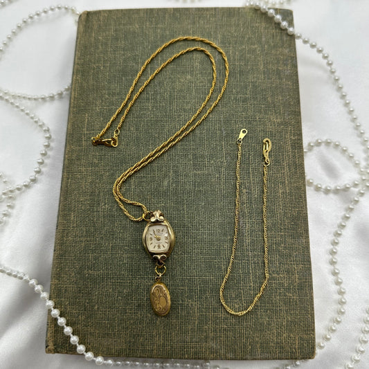 Gold tone necklace with vintage 10k RGP watch and oval locket pendant