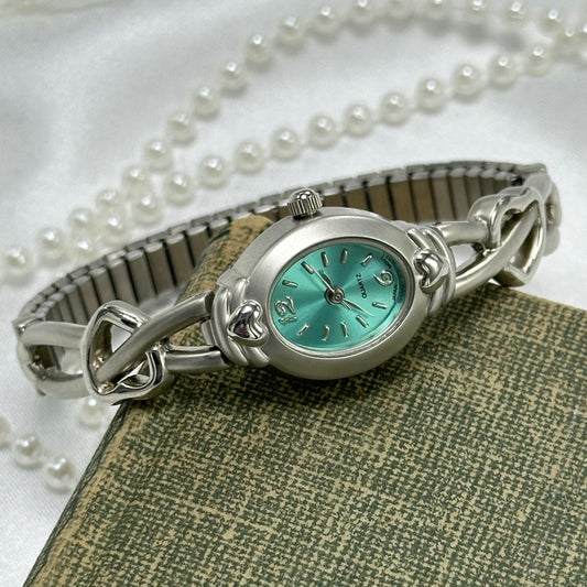 Silver Watch with Heart Band and Teal Dial