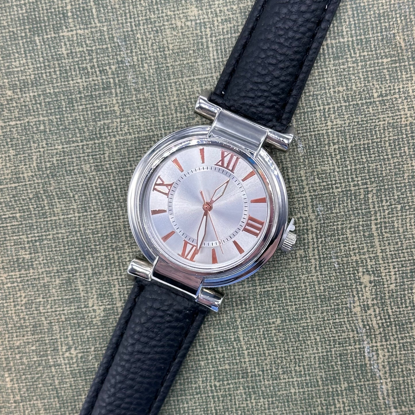 Silver and Rose Gold Watch with Black Band