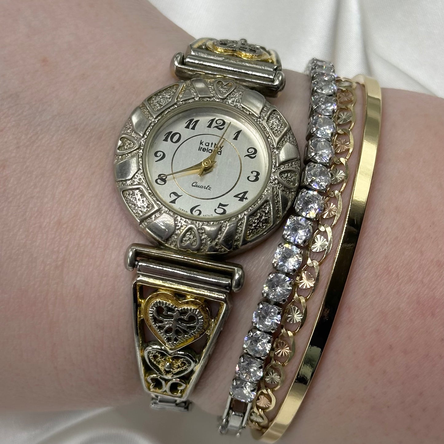 Two-Tone Art Deco Style Watch with Hearts