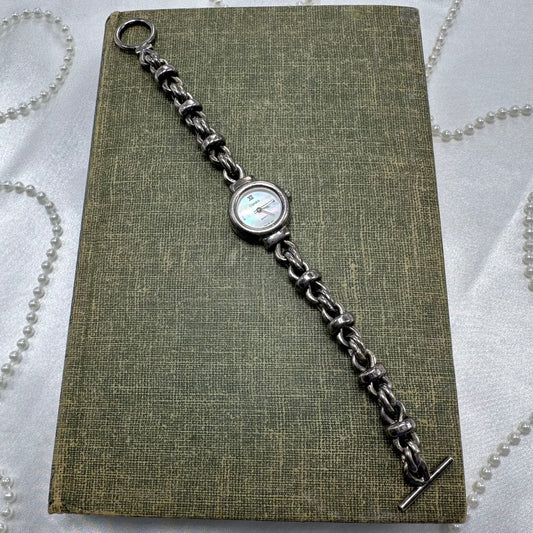 Vintage 5 microms sterling silver Cardini watch with unique chain bracelet band and quartz movement. Dial is mother of pearl.