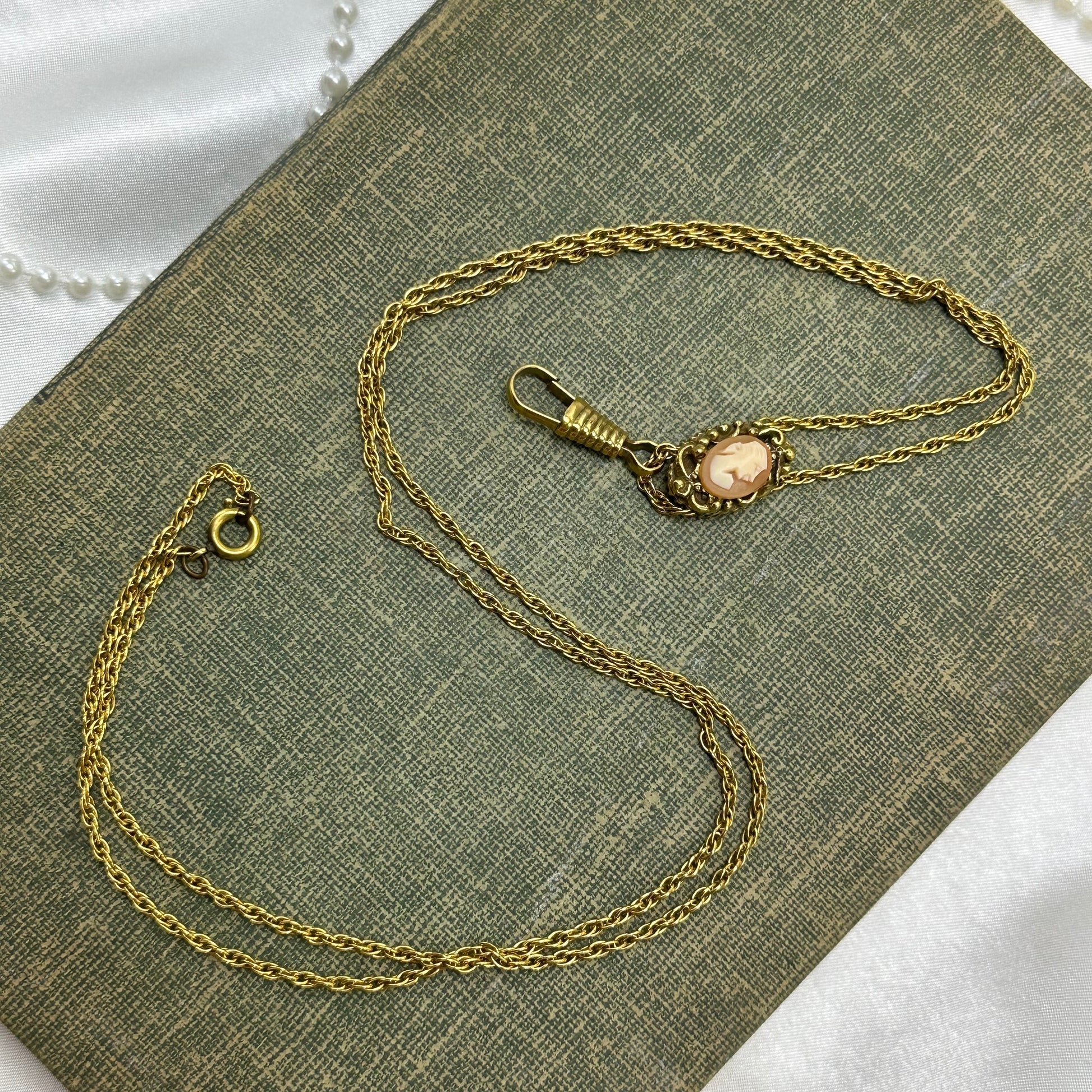 Vintage gold tone lariat necklace with cameo slide and watch hook
